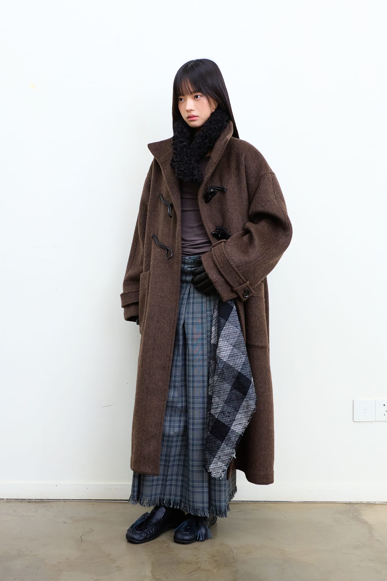 NEVERSEEZ Detachable Waist Scarf Pleated Plaid Maxi Skirt