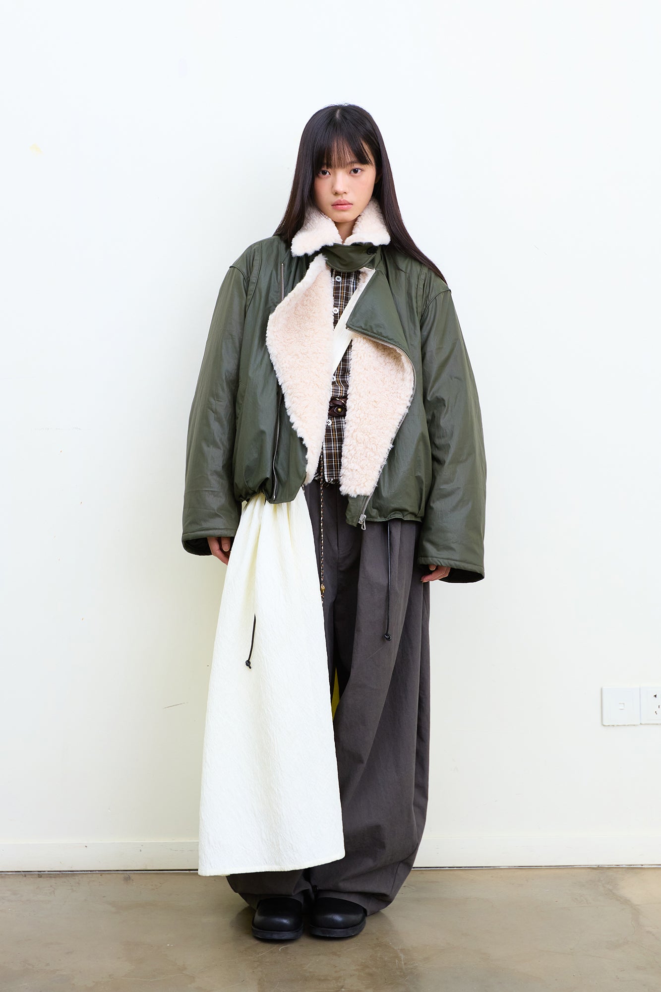 NEVERSEEZ Asymmetric Zip Shearling Bomber Jacket