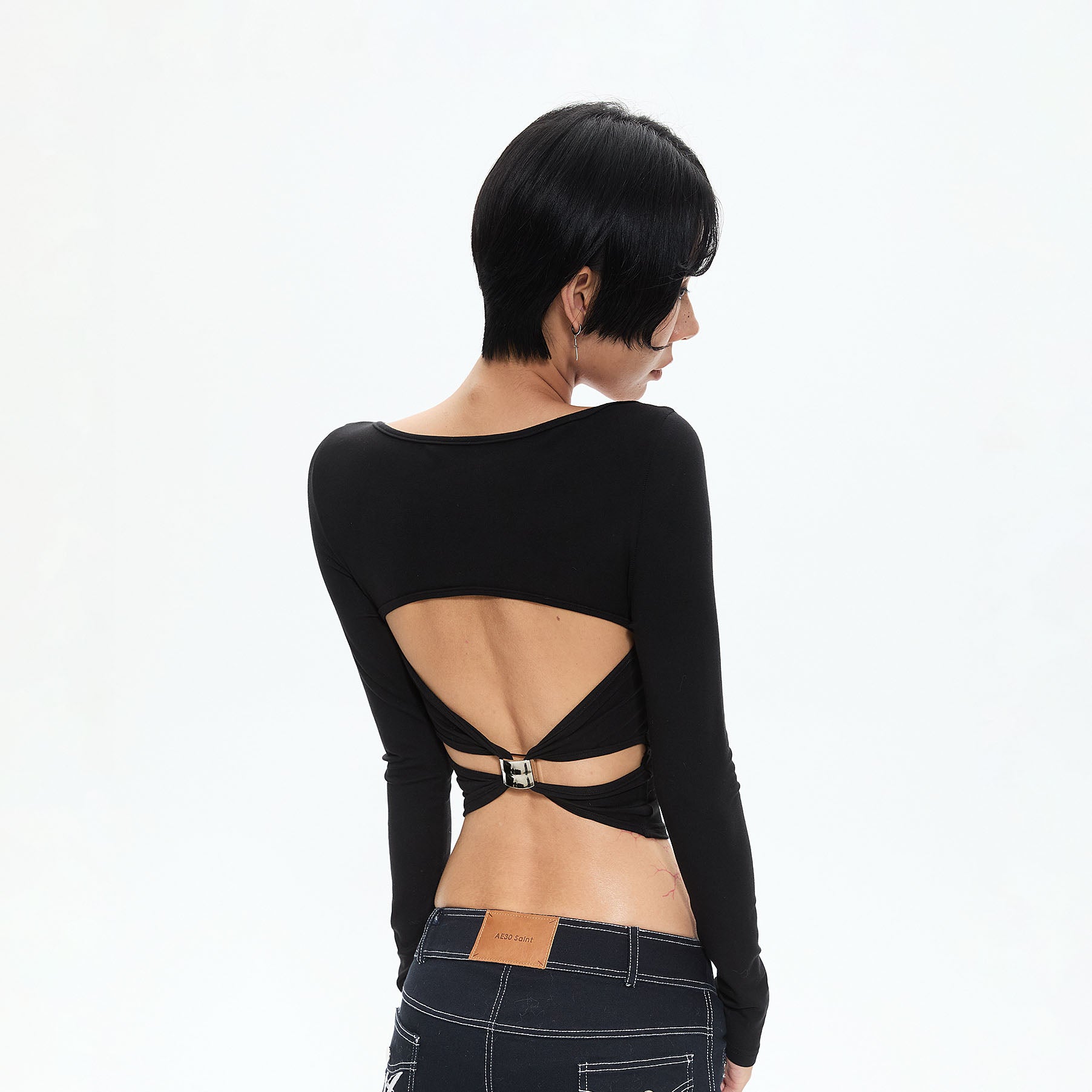 AE30 SAINT Open-Back Buckled Square-Neck Long Sleeve Top