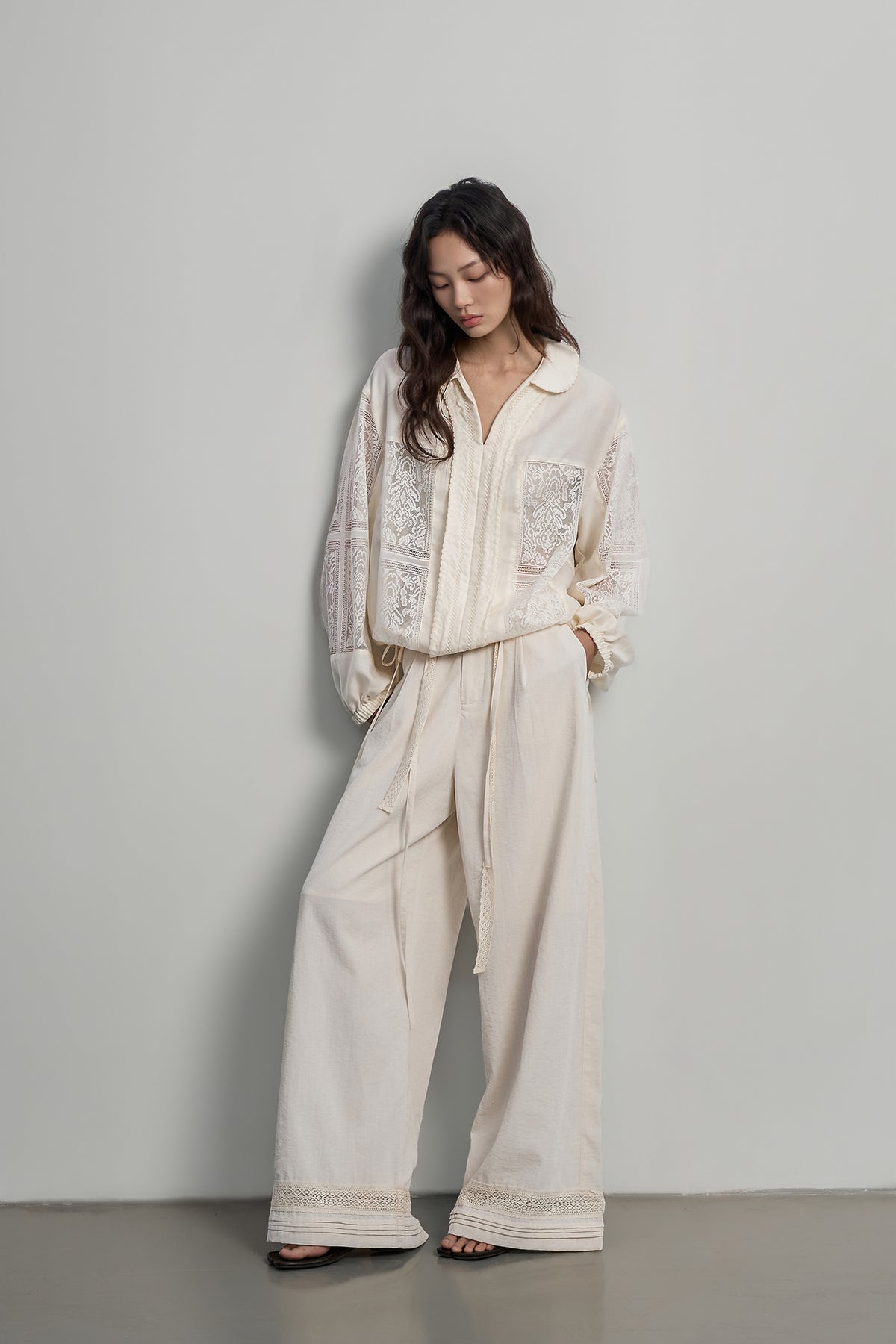 SAME FLOW Sheer Lace-Spliced Shirt