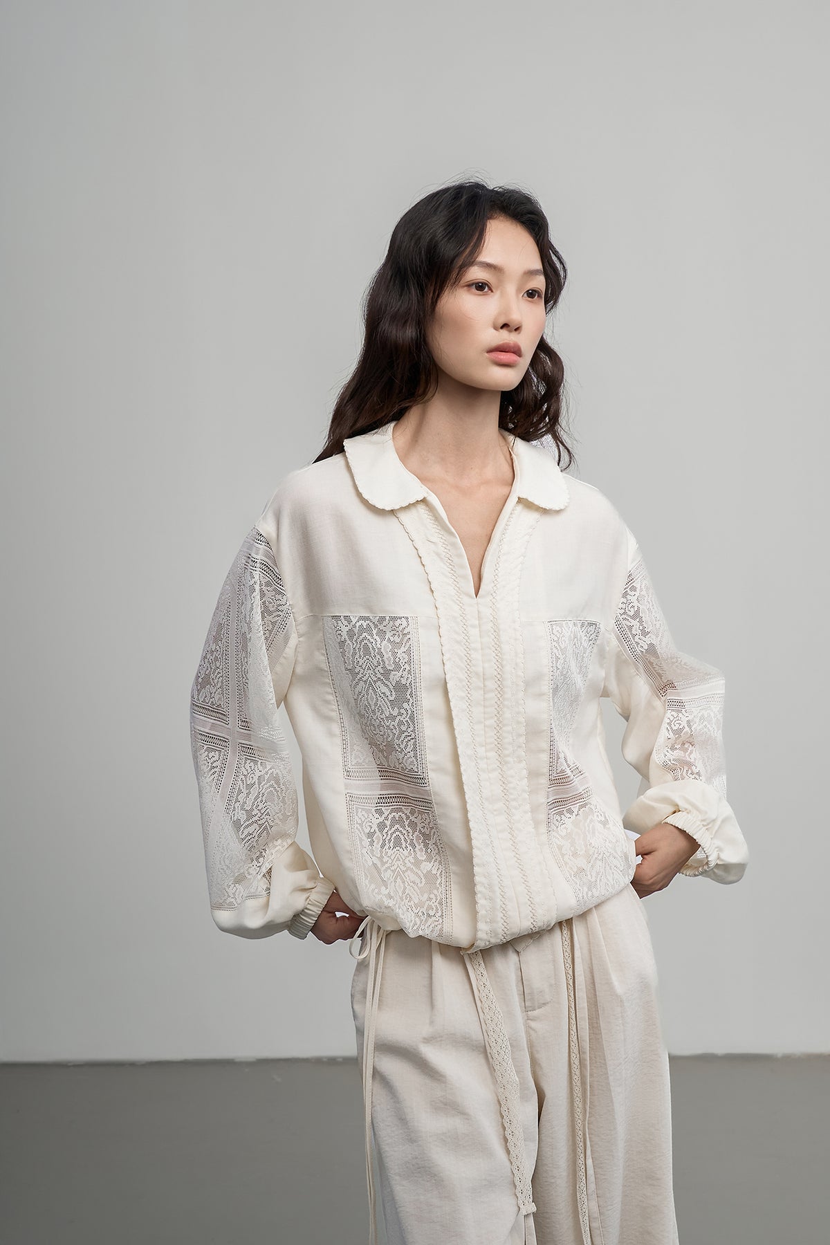 SAME FLOW Sheer Lace-Spliced Shirt