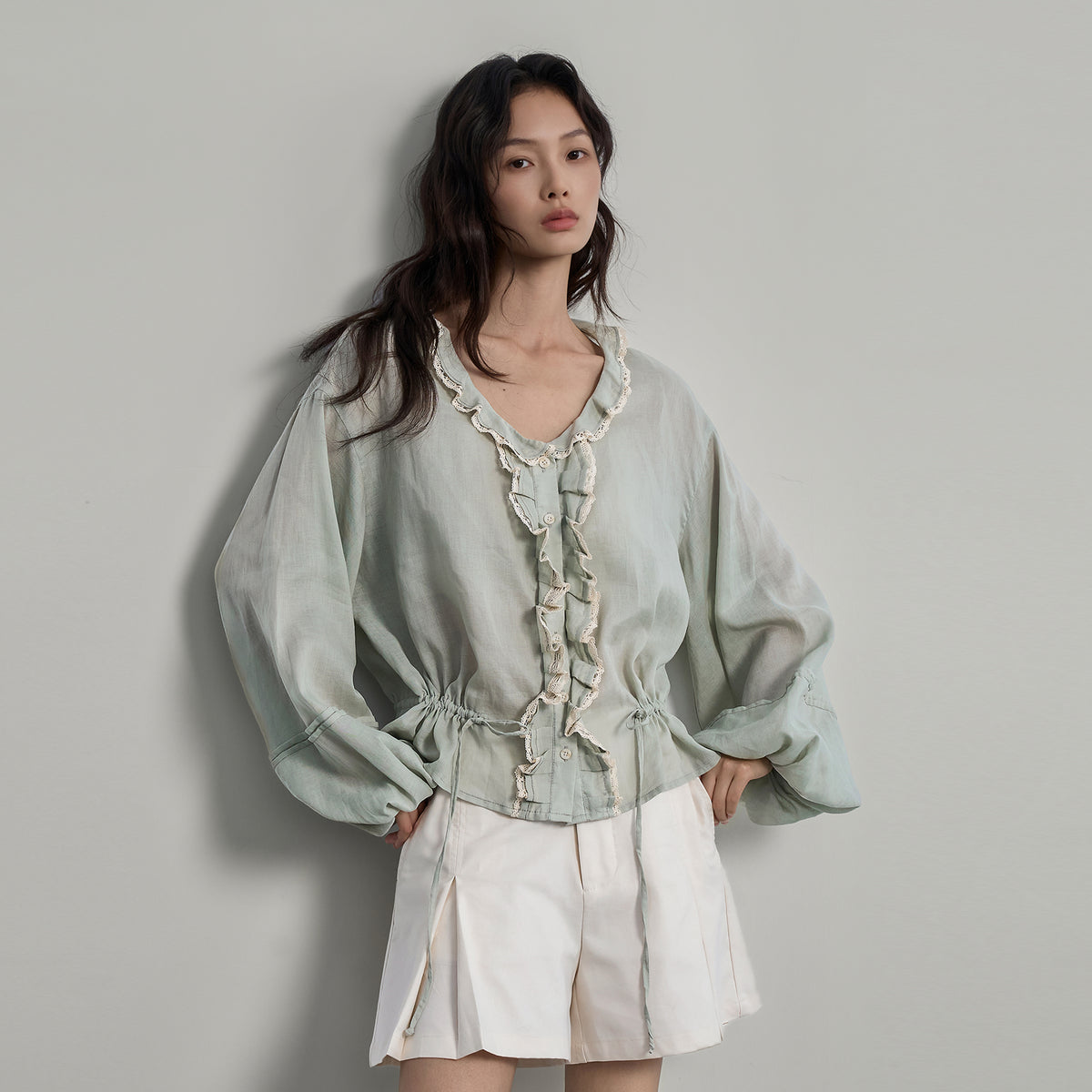 SAME FLOW Lace Trim Ruffle Drawstring Blouse