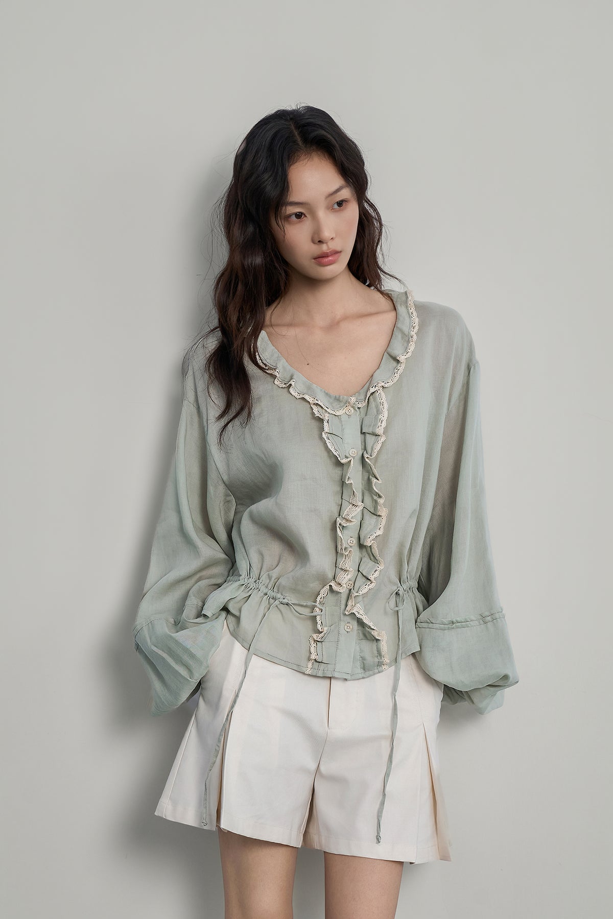 SAME FLOW Lace Trim Ruffle Drawstring Blouse