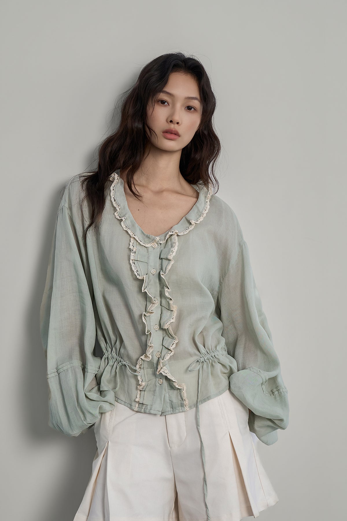SAME FLOW Lace Trim Ruffle Drawstring Blouse