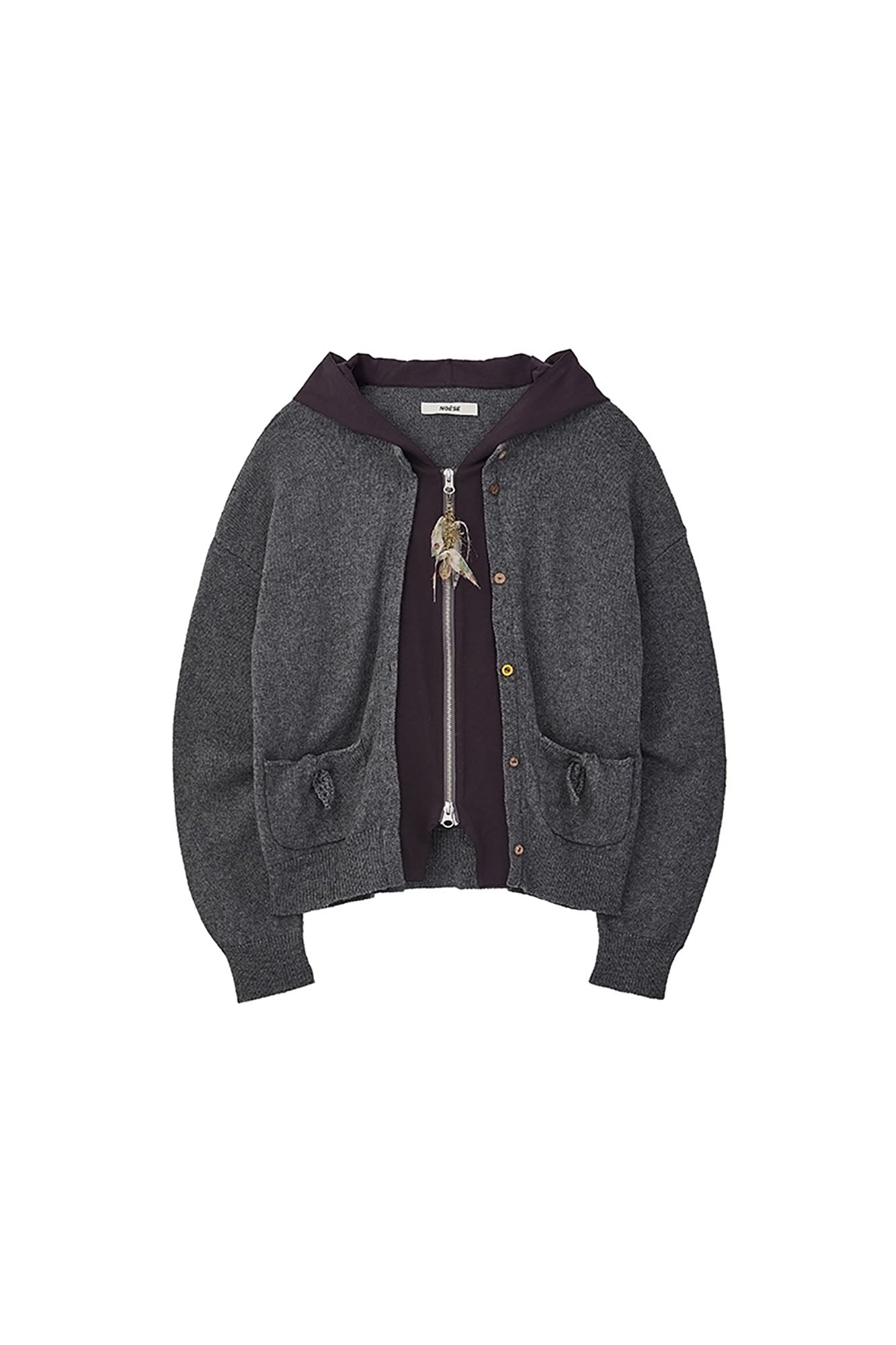 NOESE Faux Layered Hooded Cardigan