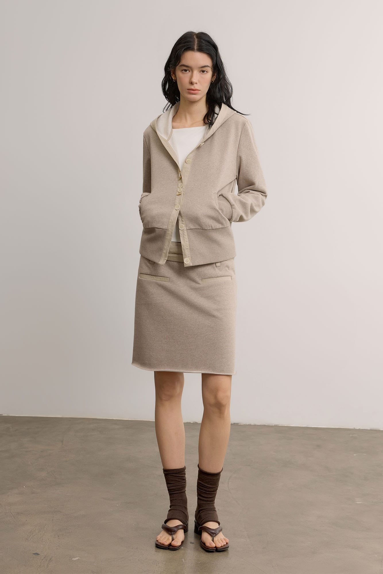 SAME FLOW Ruched Waistband Raw-Edge Pencil Skirt
