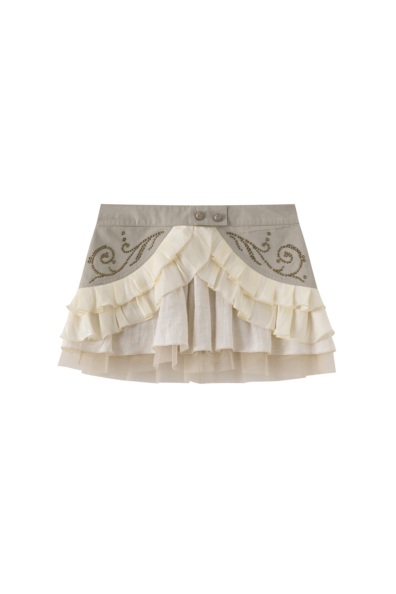 CESTNOUS Scroll-Embellished Layered Ruffle Mini Skirt