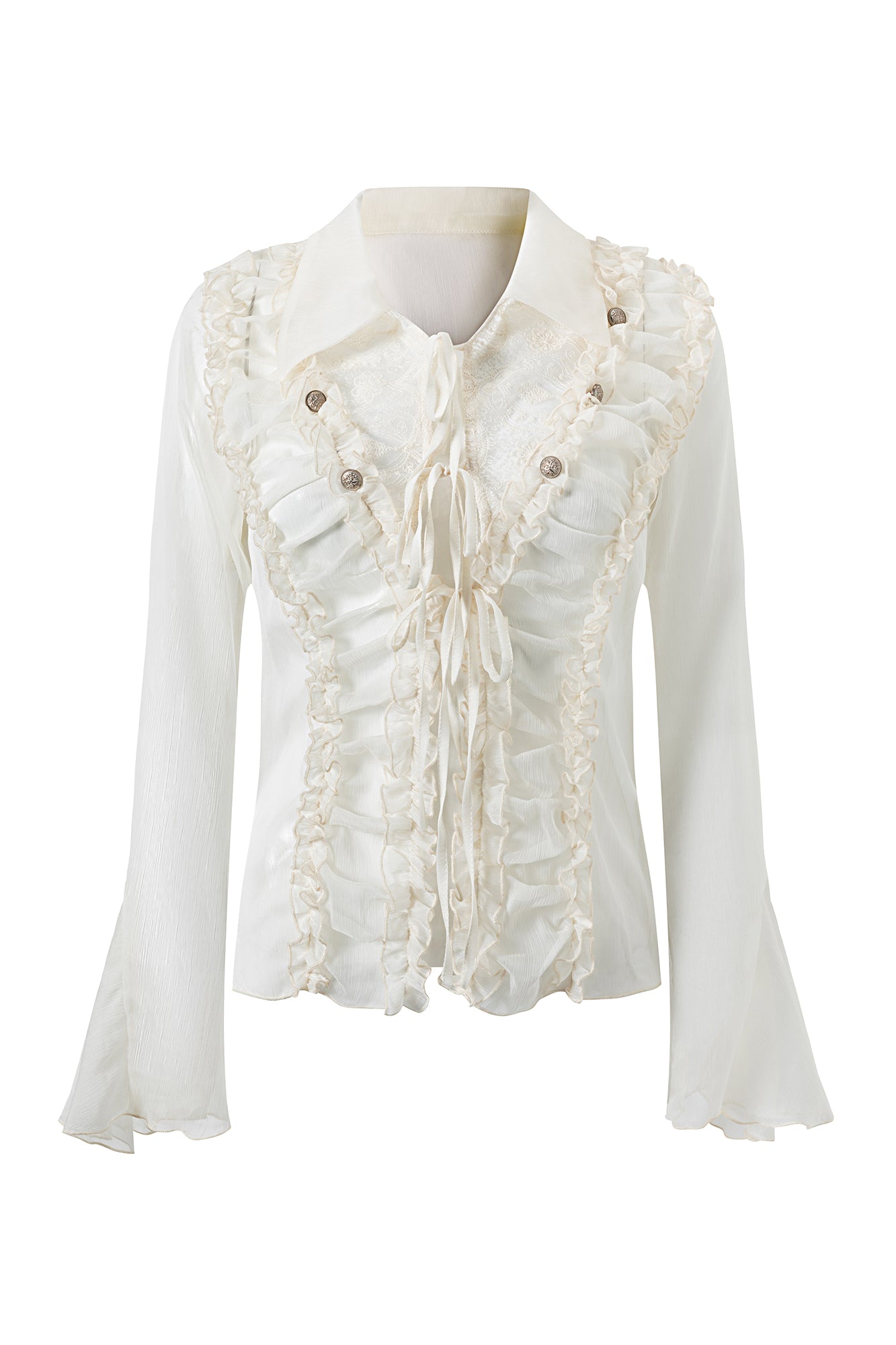 CESTNOUS Ruffle Lace-Panel Bell-Sleeve Shirt