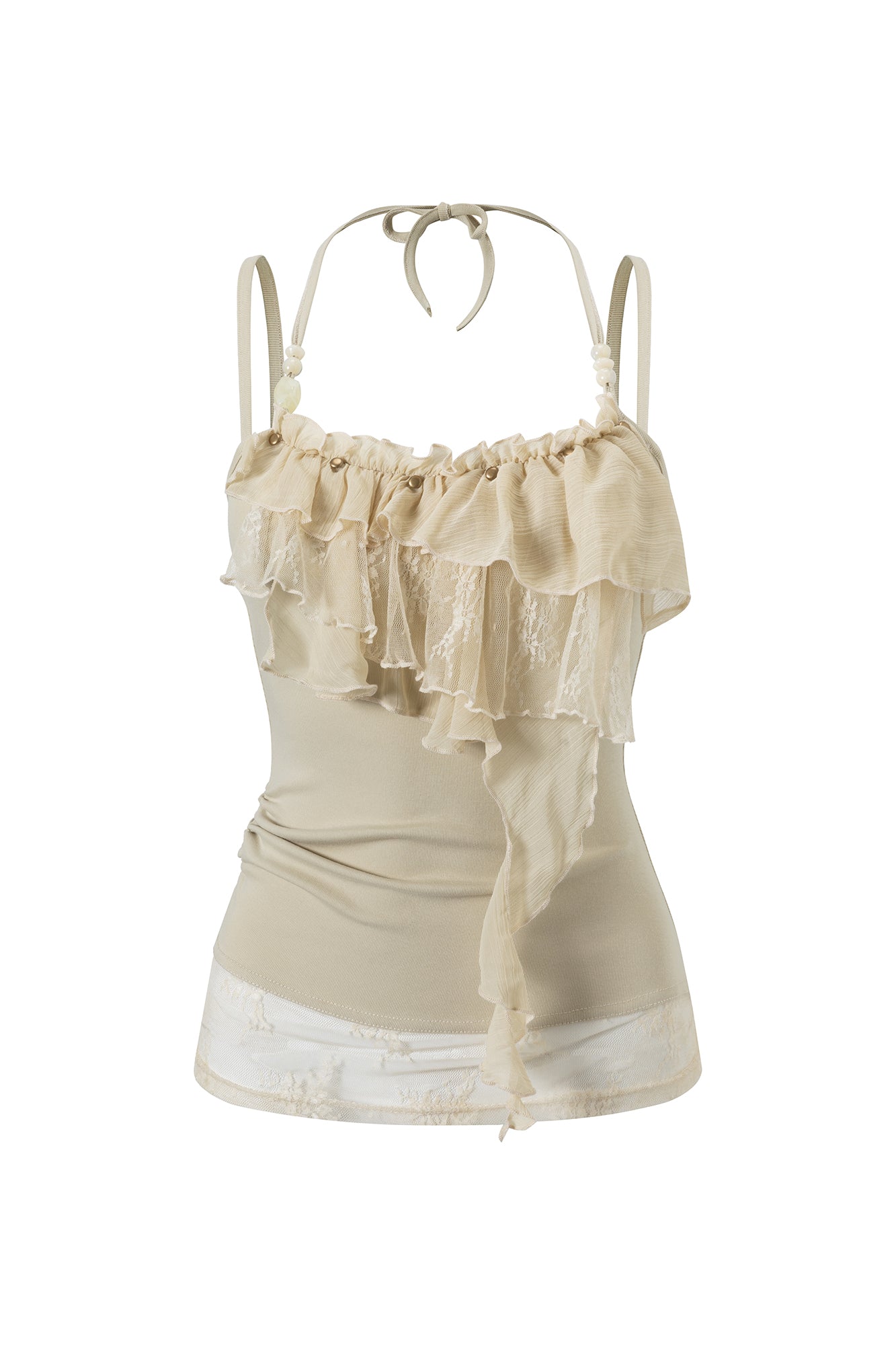 CESTNOUS Ruffled Lace Layered Beaded Camisole Top