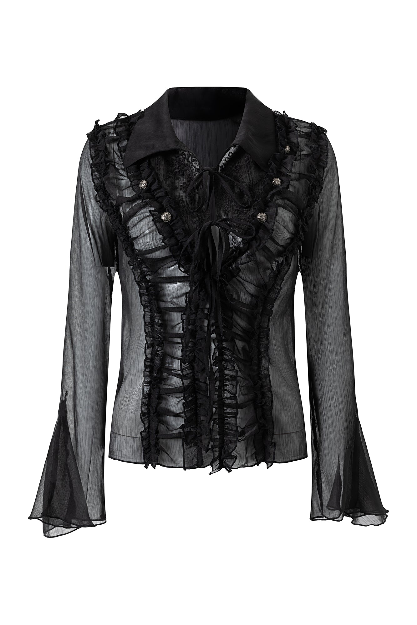 CESTNOUS Ruffle Lace-Panel Bell-Sleeve Shirt