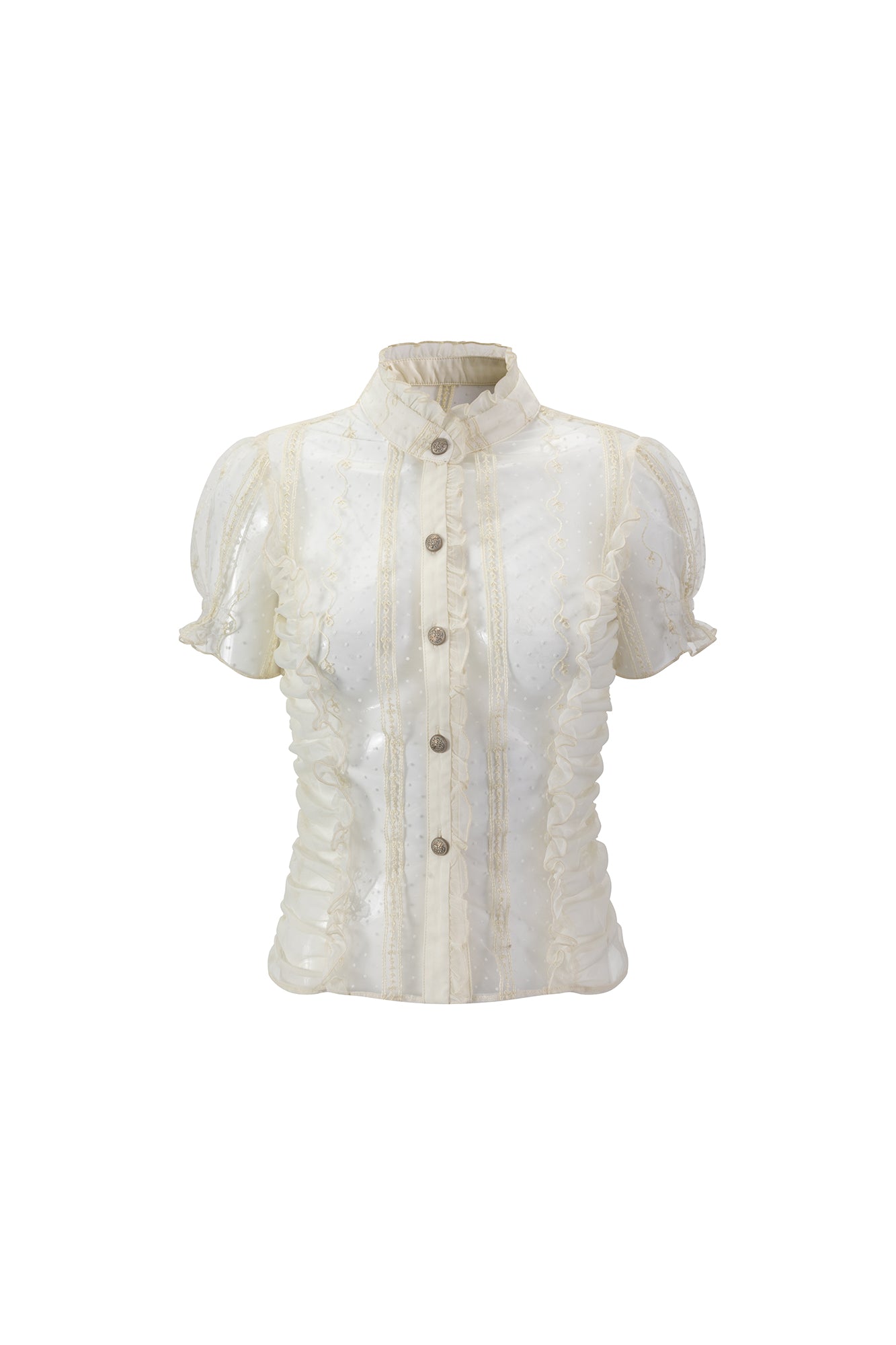 CESTNOUS Sheer Lace Ruched Puff-Sleeve Blouse