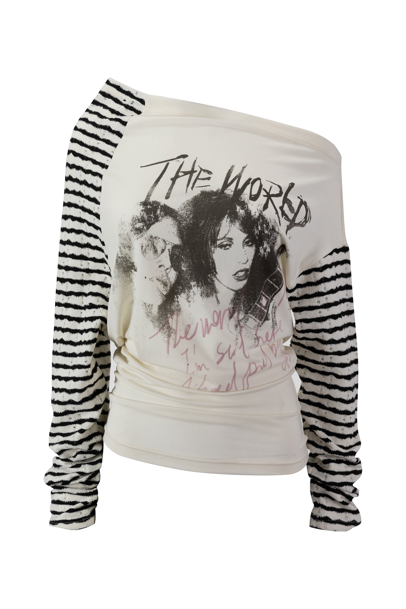 CESTNOUS Punk Graphic Spliced Striped Off-Shoulder Long-Sleeve Tee