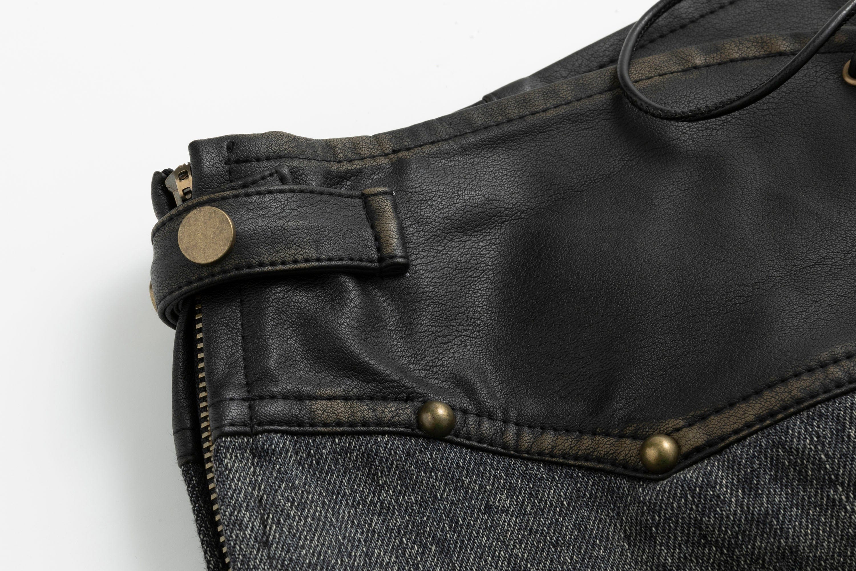 CESTNOUS Faux Leather Corset Waist Washed Jeans