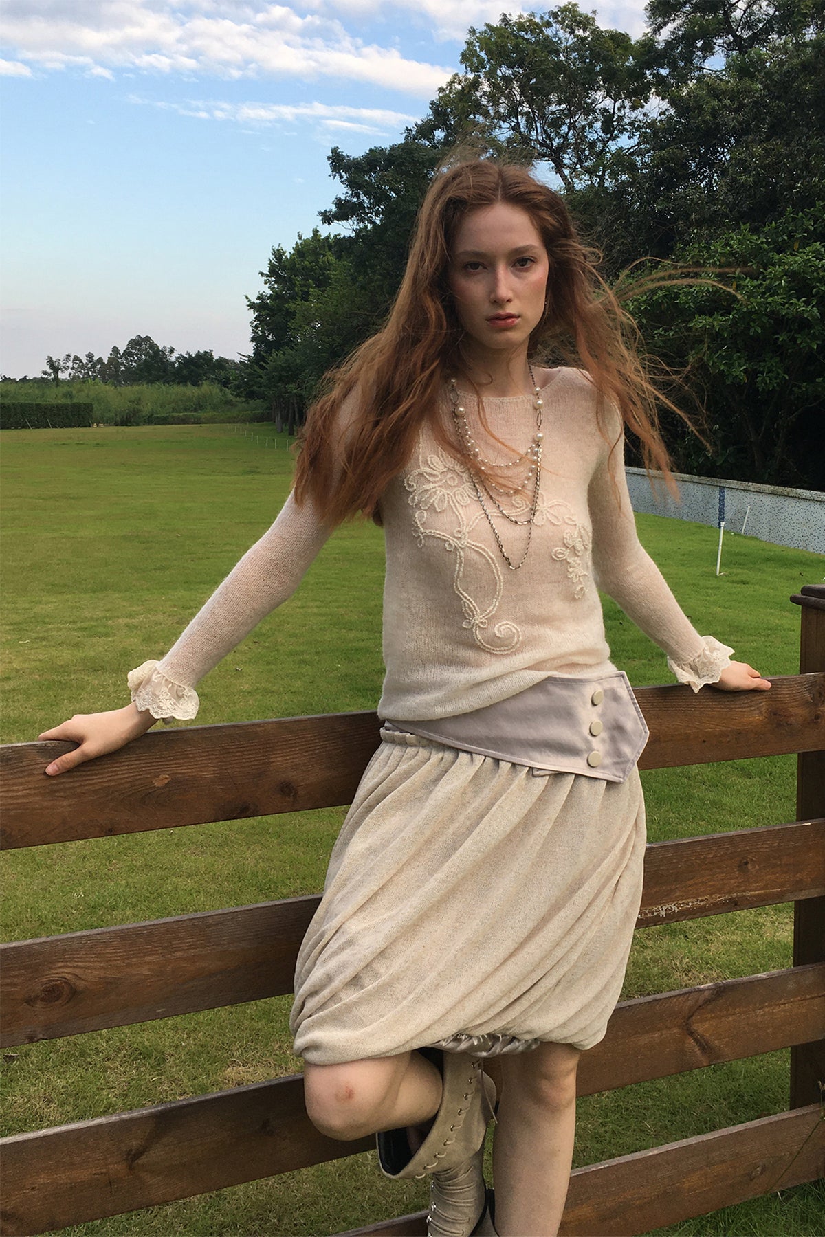 FAYCHUI Floral Rope-Embroidered Beaded Mohair Sweater