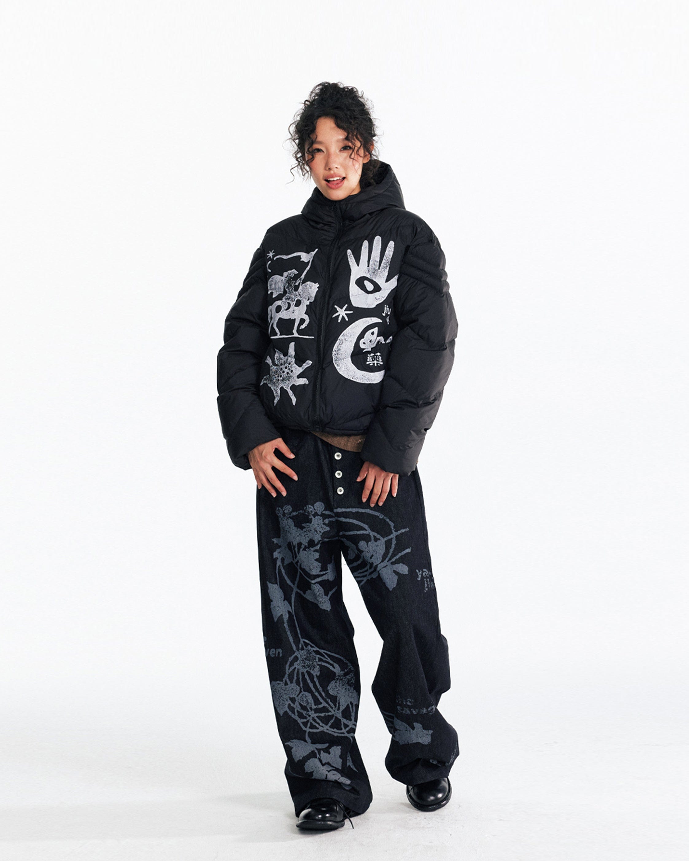 1997 POSTOFFICE Sun & Moon Knight Graphic Puffer Jacket