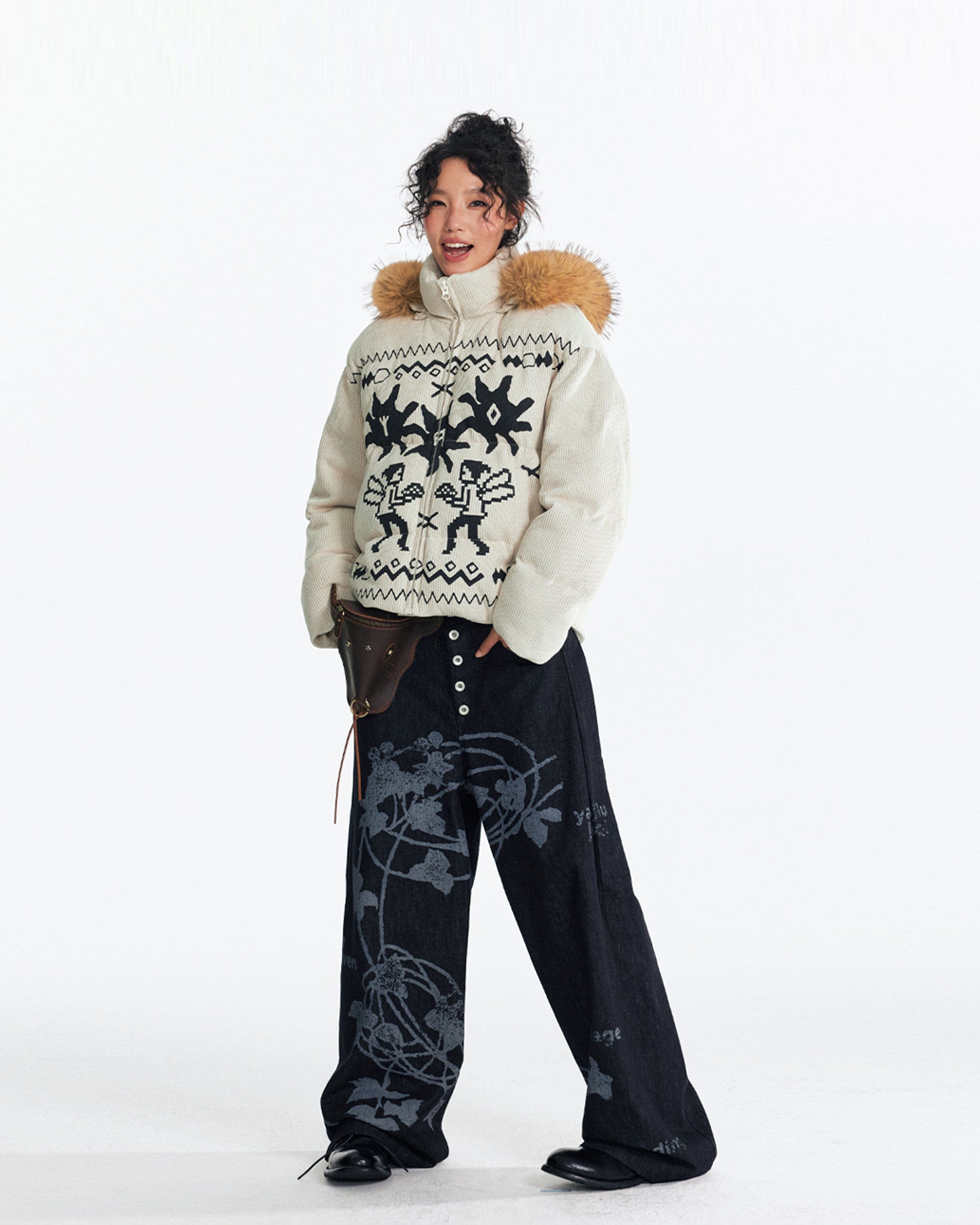 1997 POSTOFFICE Fair Isle Graphics Detachable Fur-Collar Puffer Jacket