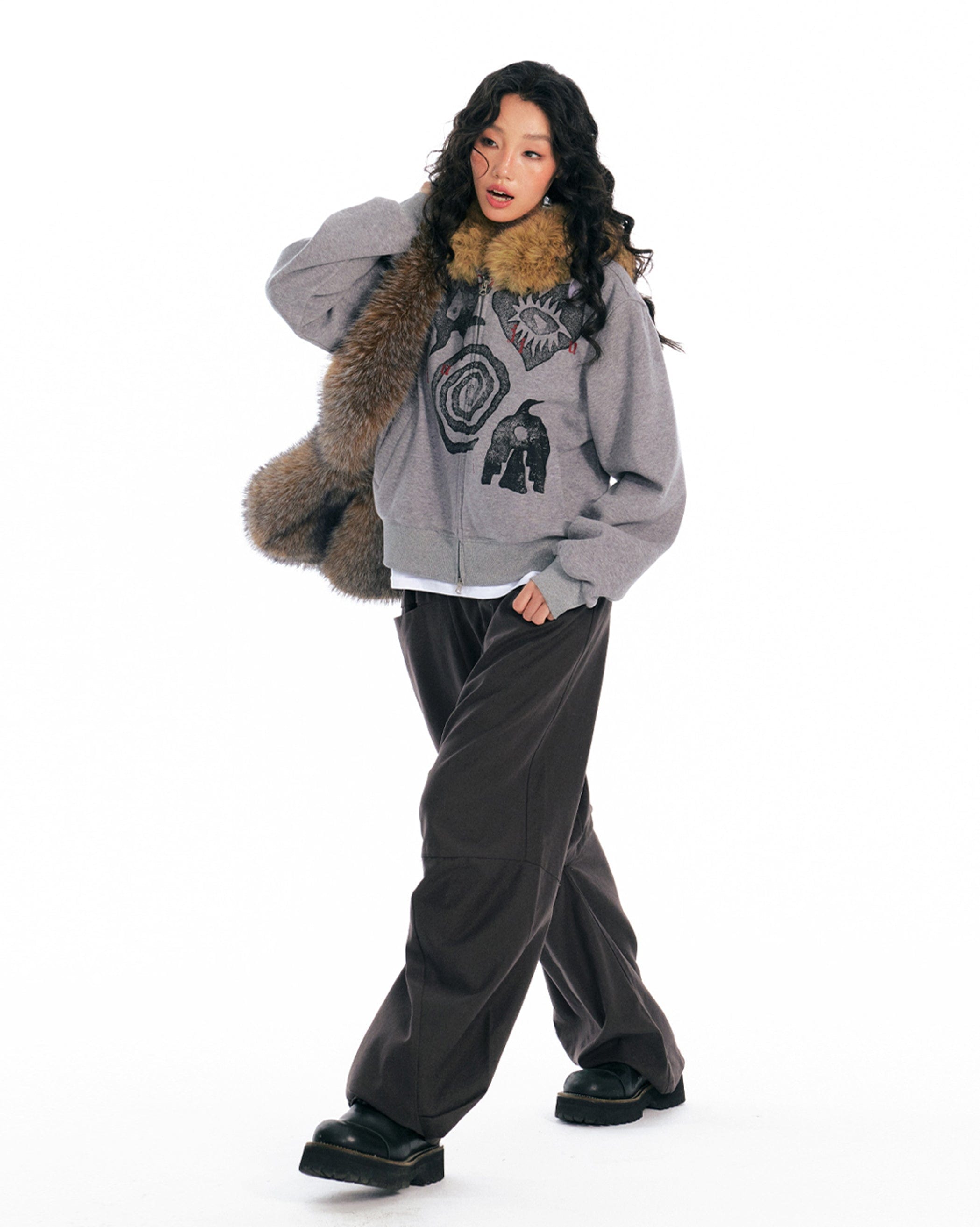 1997 POSTOFFICE Tribal Graphics Faux-Fur Collar Zip-Up Hoodie