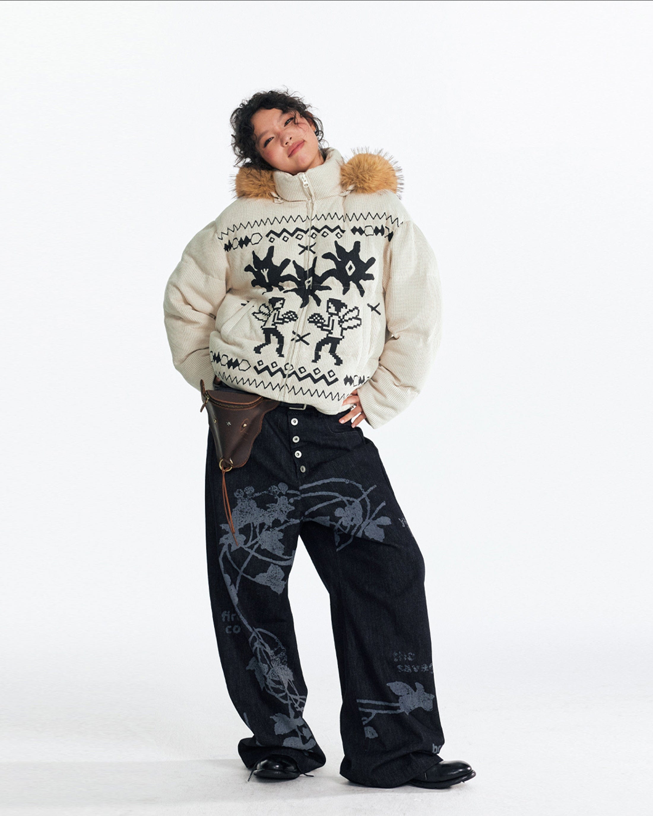 1997 POSTOFFICE Fair Isle Graphics Detachable Fur-Collar Puffer Jacket