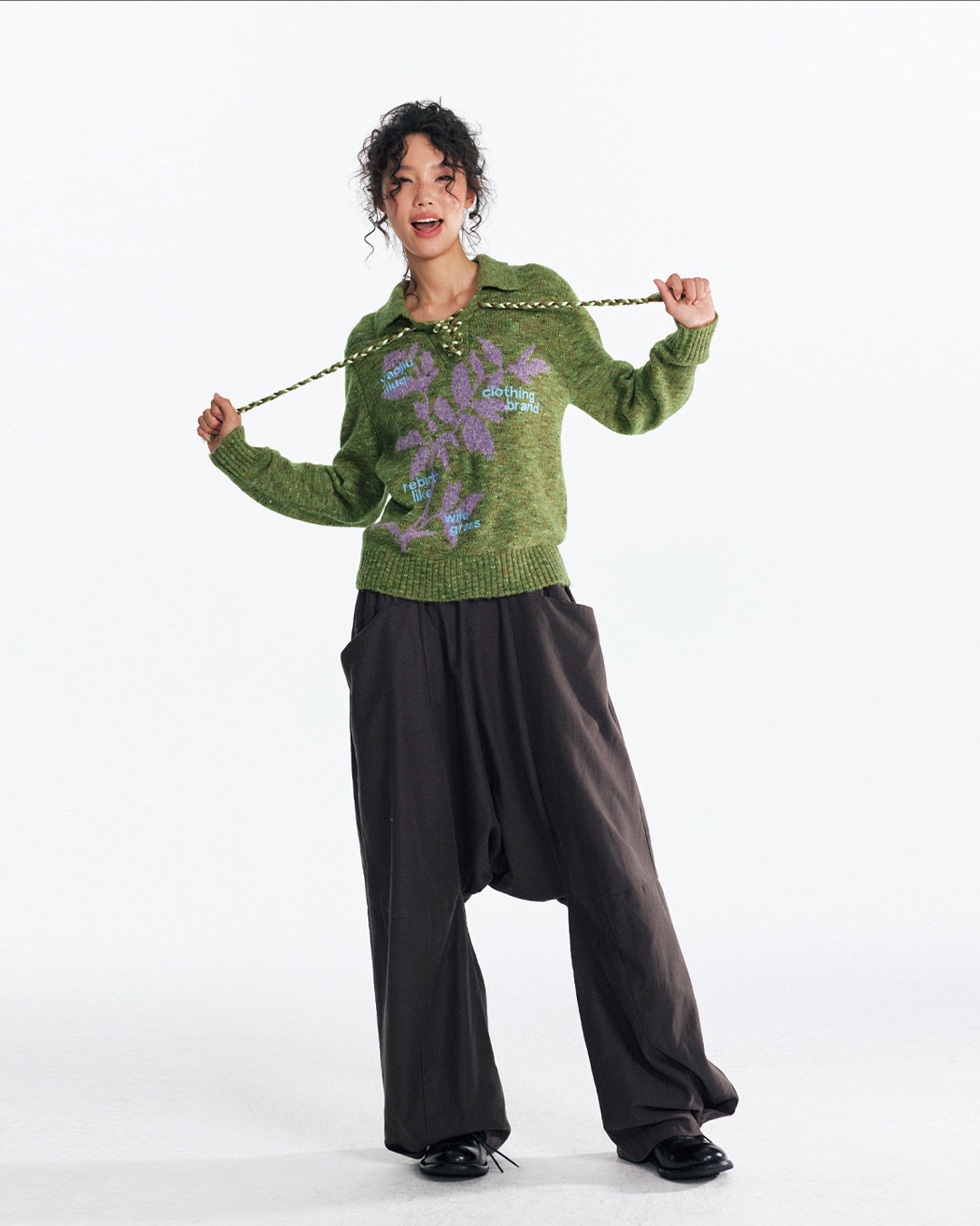 1997 POSTOFFICE Sesame Leaf Jacquard Lace-Up Sweater