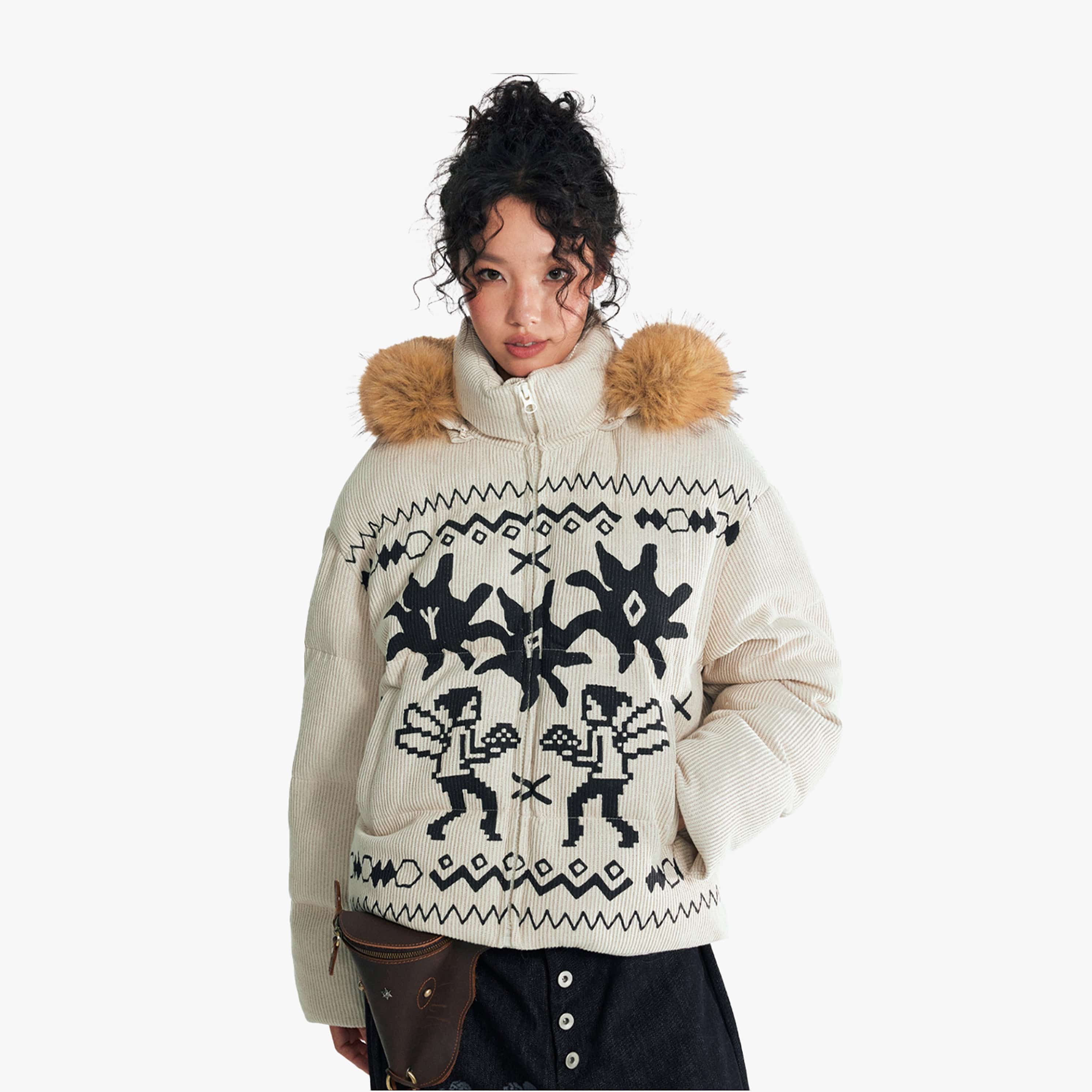 1997 POSTOFFICE Fair Isle Graphics Detachable Fur-Collar Puffer Jacket
