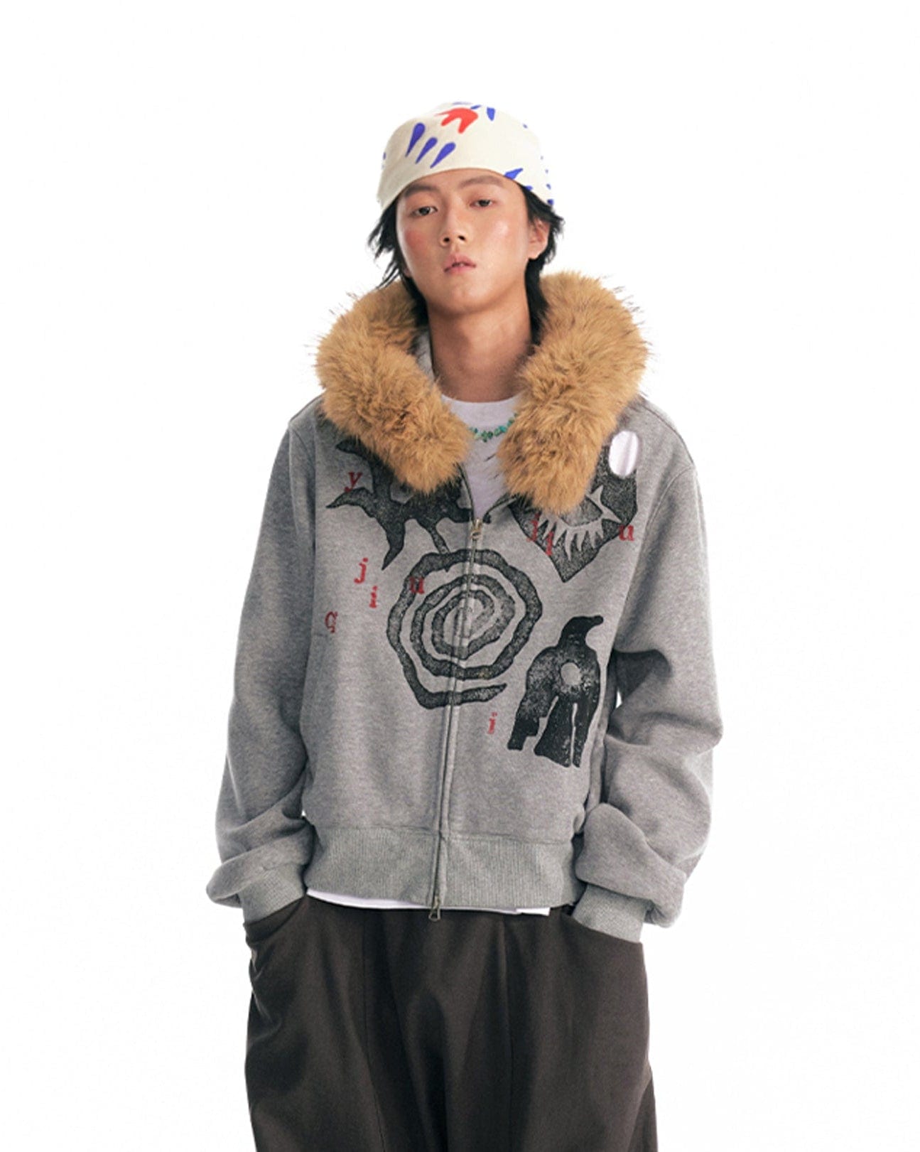 1997 POSTOFFICE Tribal Graphics Faux-Fur Collar Zip-Up Hoodie