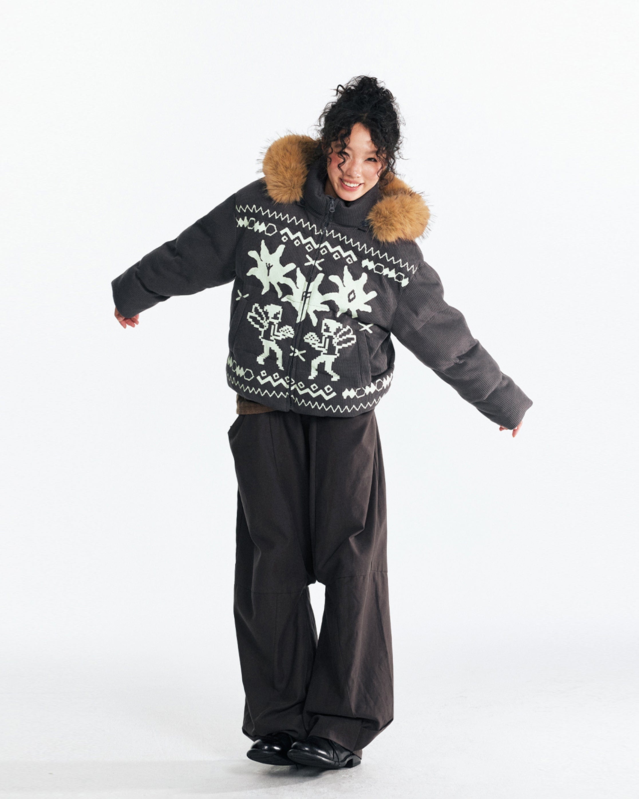 1997 POSTOFFICE Fair Isle Graphics Detachable Fur-Collar Puffer Jacket