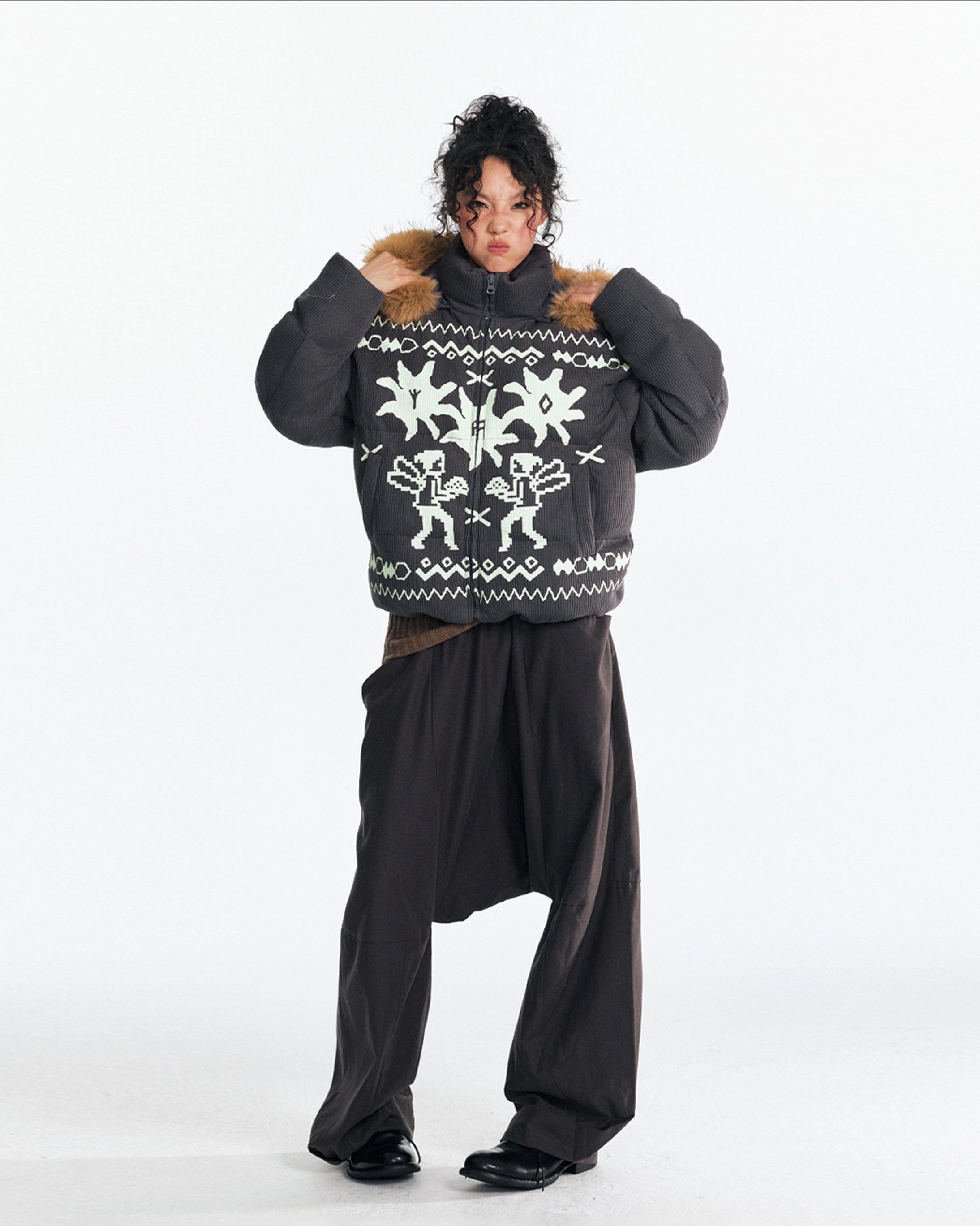 1997 POSTOFFICE Fair Isle Graphics Detachable Fur-Collar Puffer Jacket