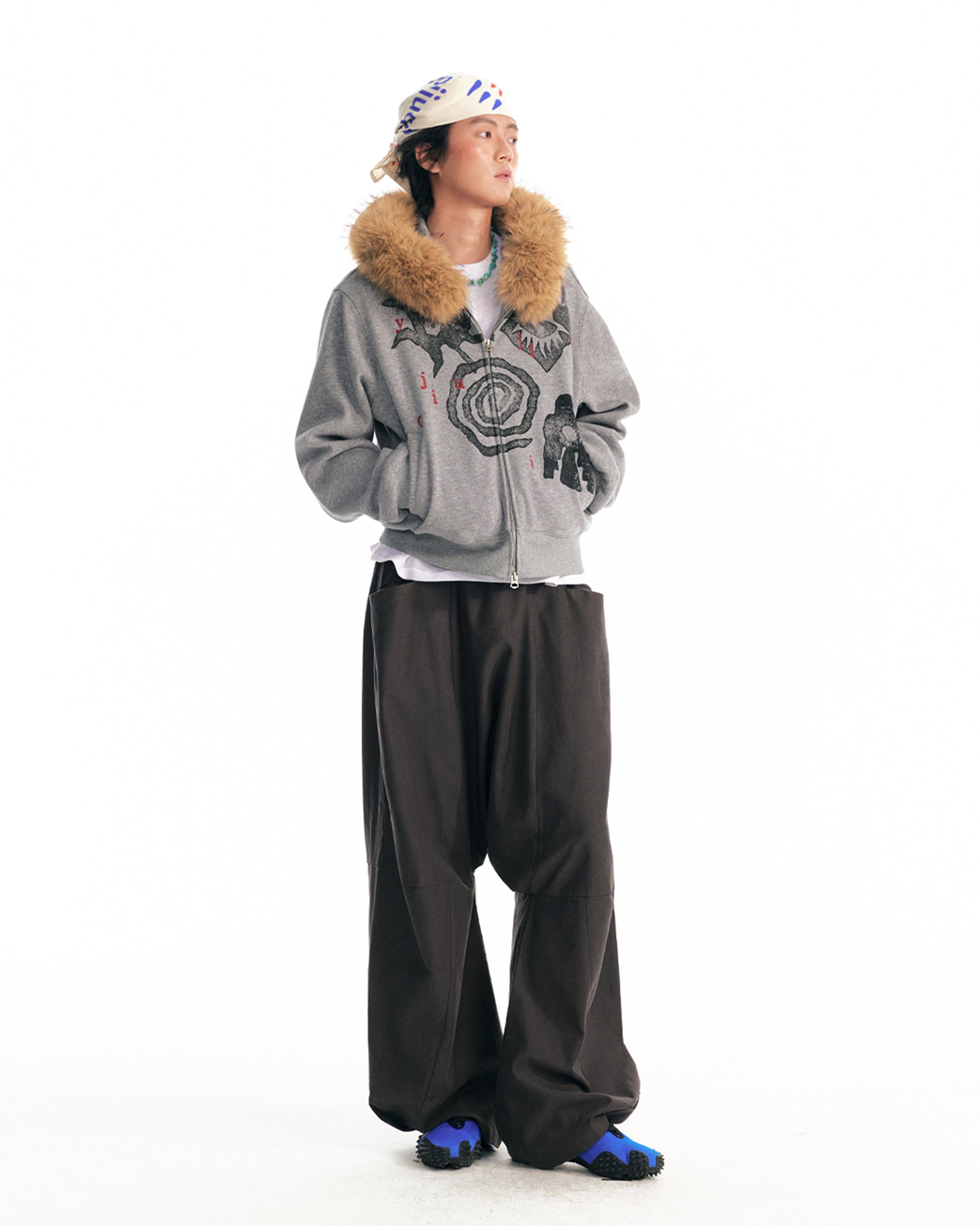 1997 POSTOFFICE Tribal Graphics Faux-Fur Collar Zip-Up Hoodie