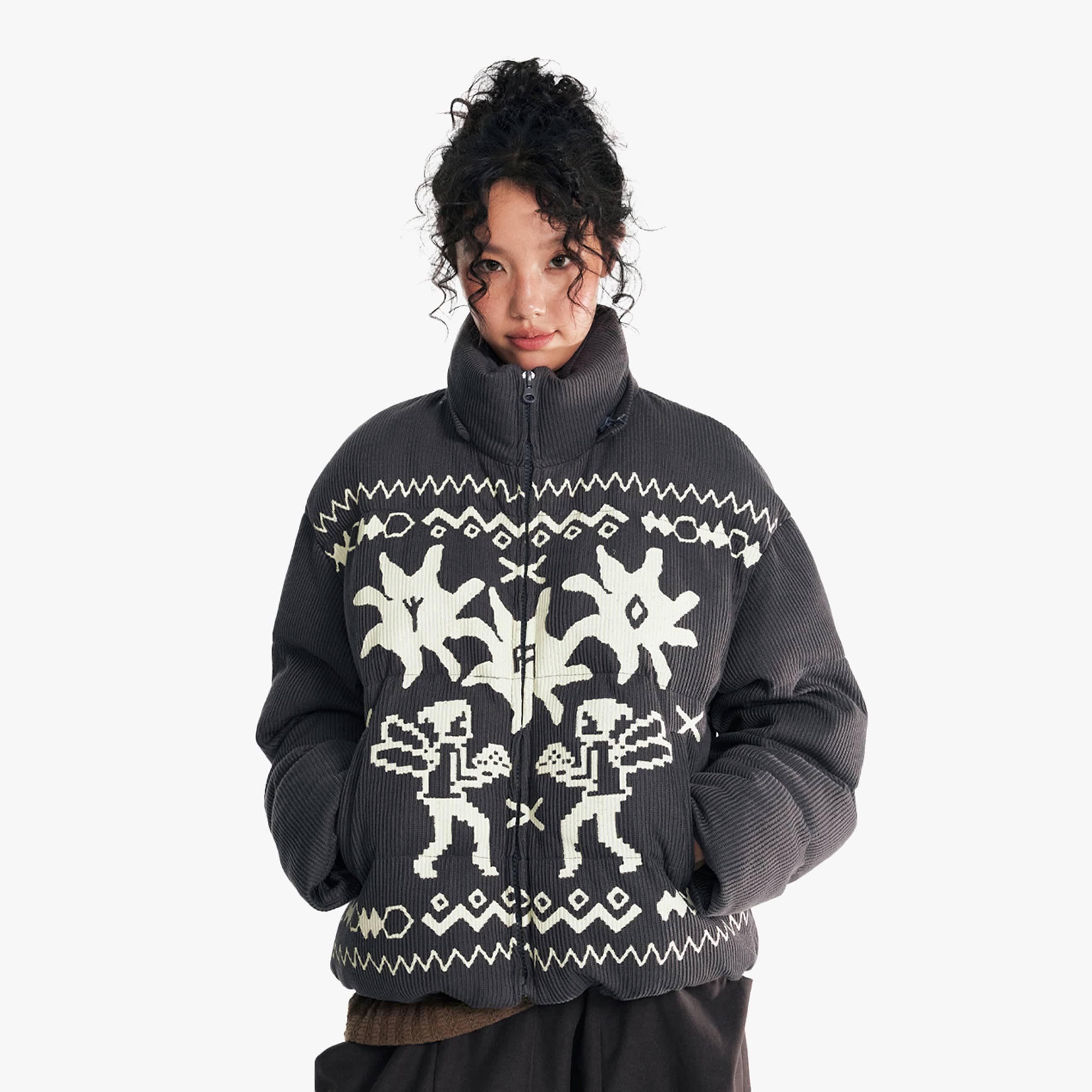 1997 POSTOFFICE Fair Isle Graphics Detachable Fur-Collar Puffer Jacket