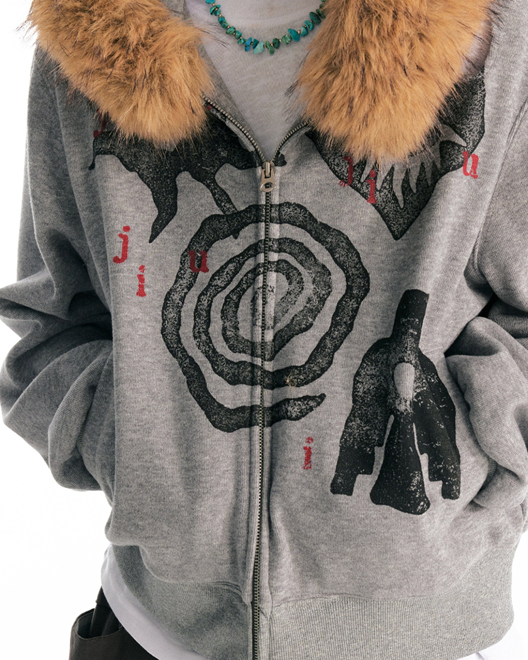 1997 POSTOFFICE Tribal Graphics Faux-Fur Collar Zip-Up Hoodie