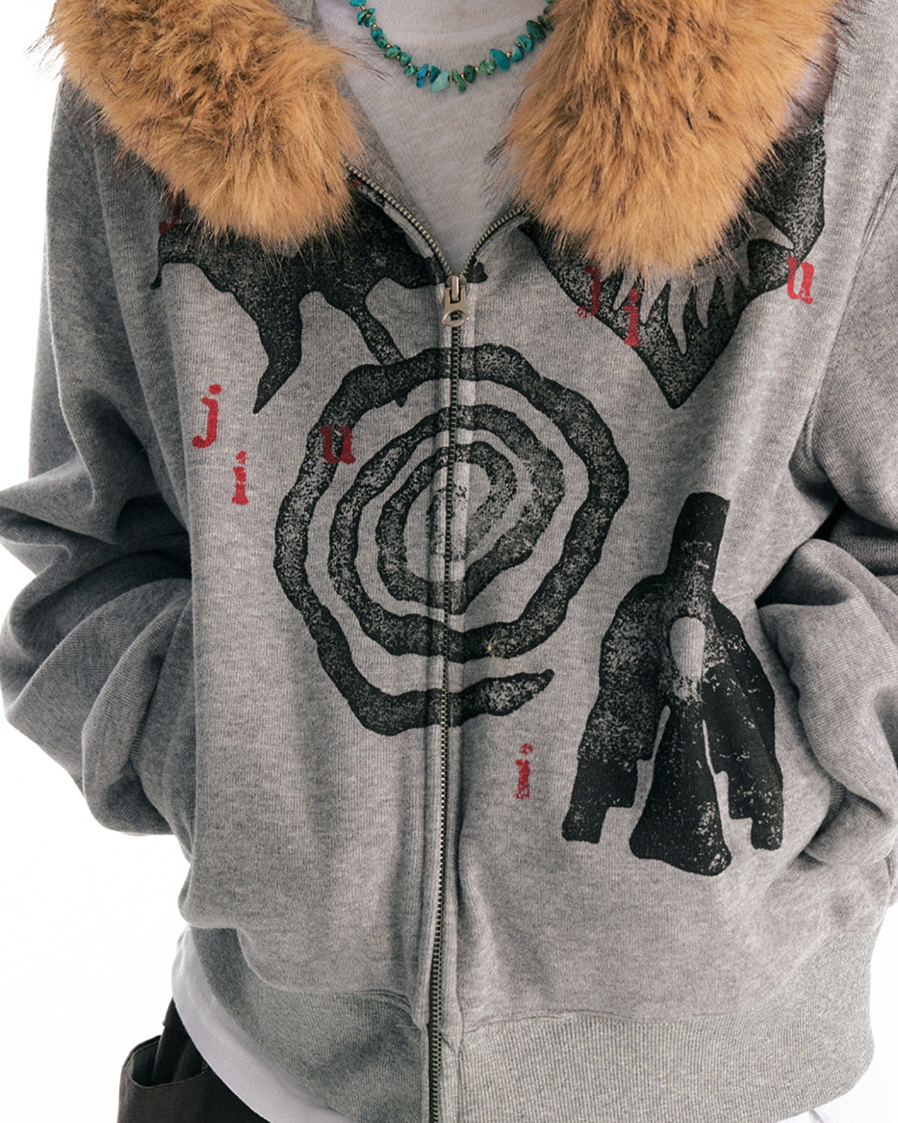 1997 POSTOFFICE Tribal Graphics Faux-Fur Collar Zip-Up Hoodie