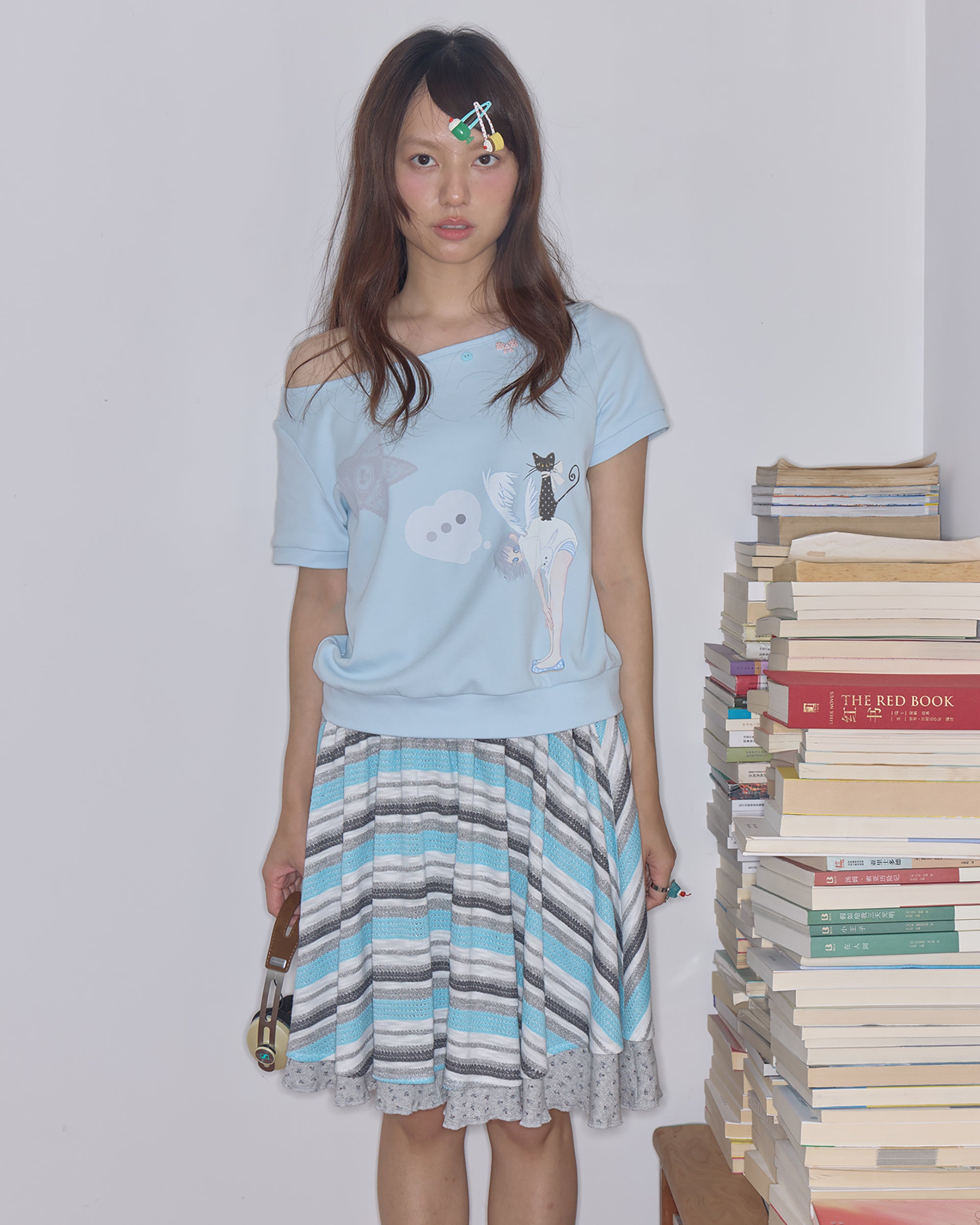 HAVE A MEAL Double-Layer Striped Knit Flared Skirt