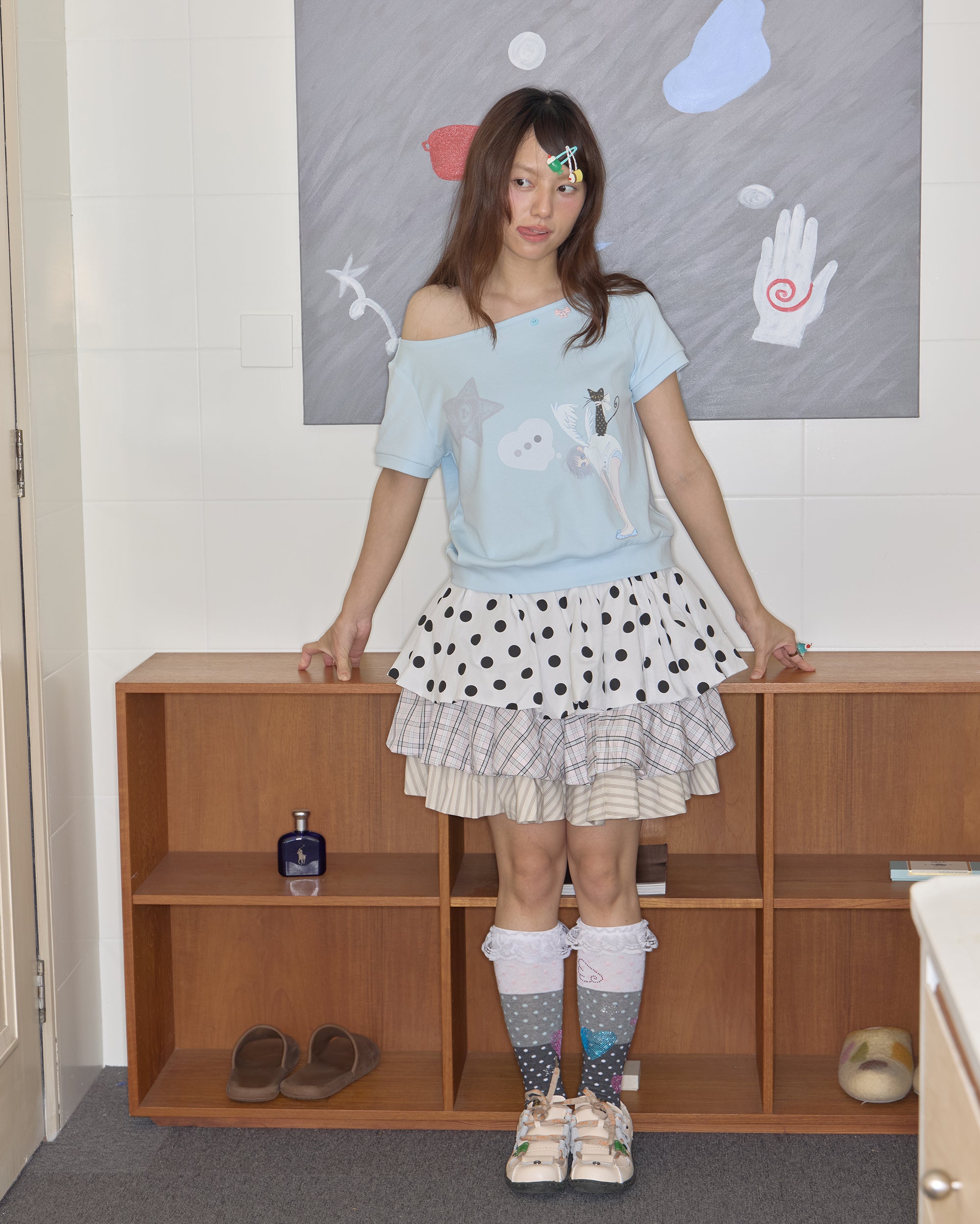 HAVE A MEAL × Congming Slouchy Graphics Off-Shoulder Loose T-Shirt
