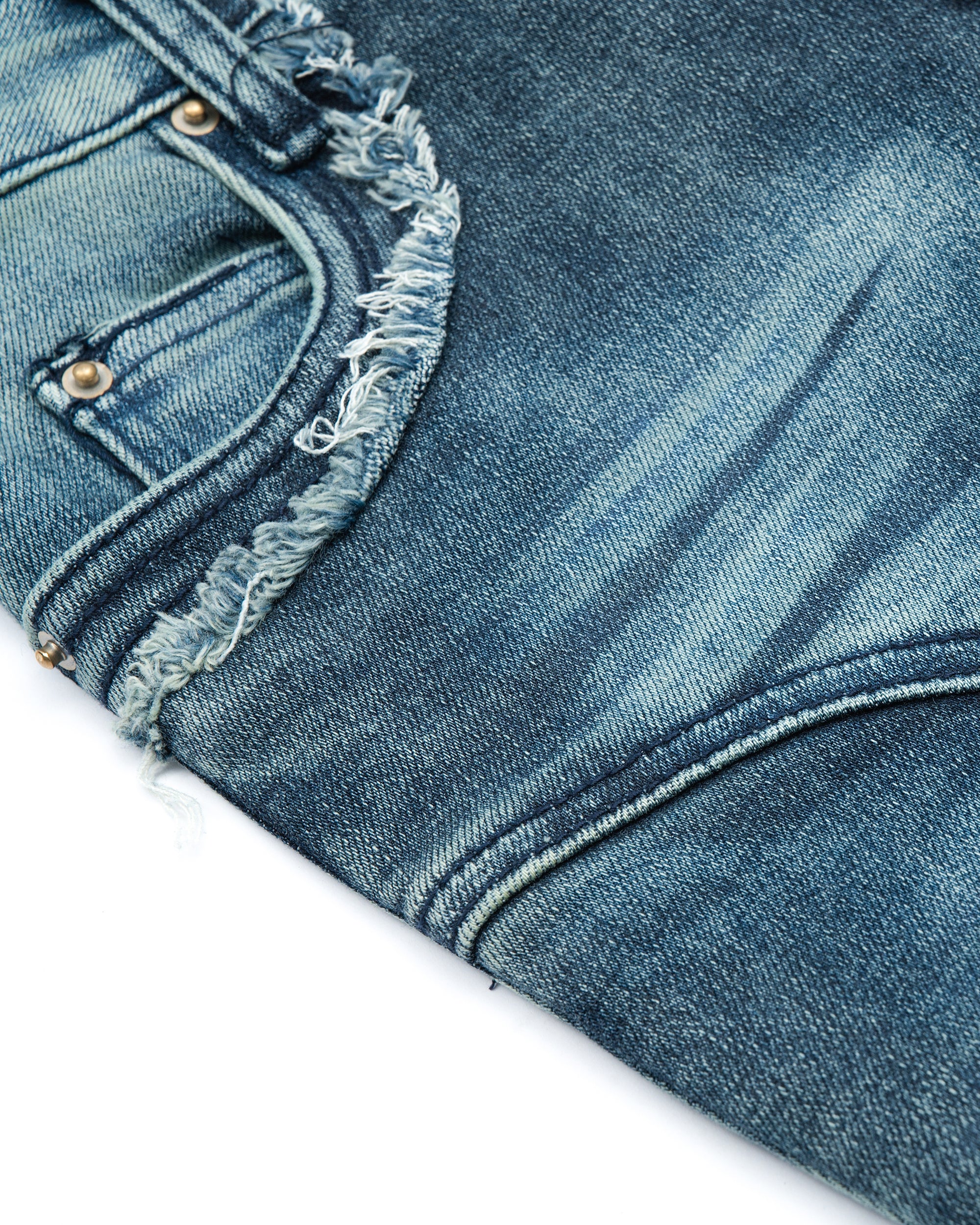 MOGONGSHE Frayed Diagonal-Spliced Flared Jeans