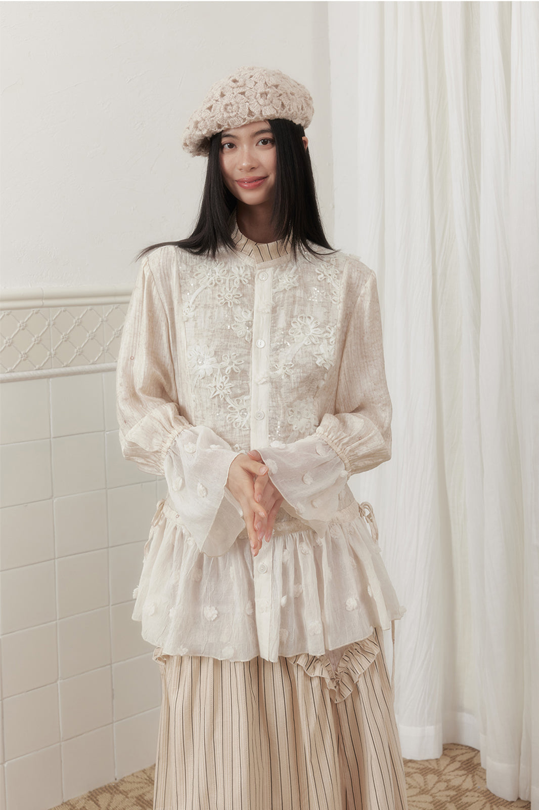 SENSELF Lace-Spliced Polka Dot Sequin Flared Shirt