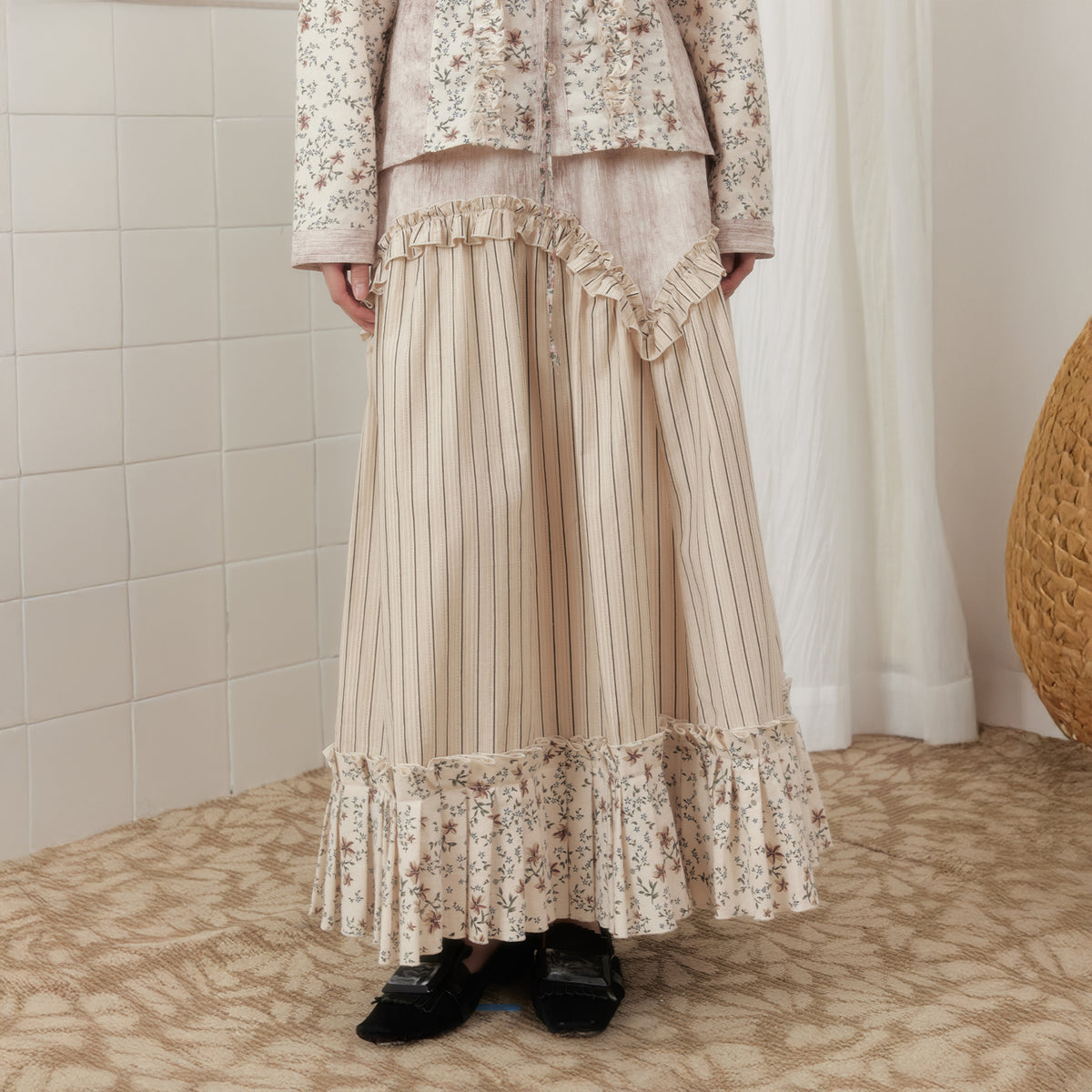 SENSELF Floral Striped Spliced Maxi Skirt