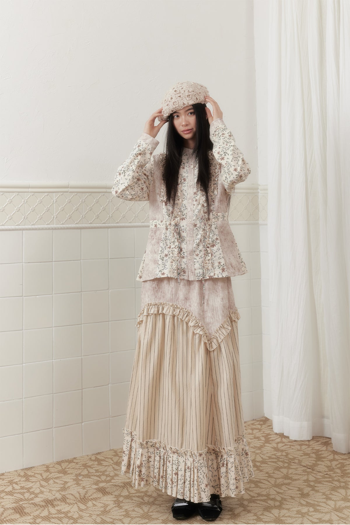 SENSELF Floral Striped Spliced Maxi Skirt