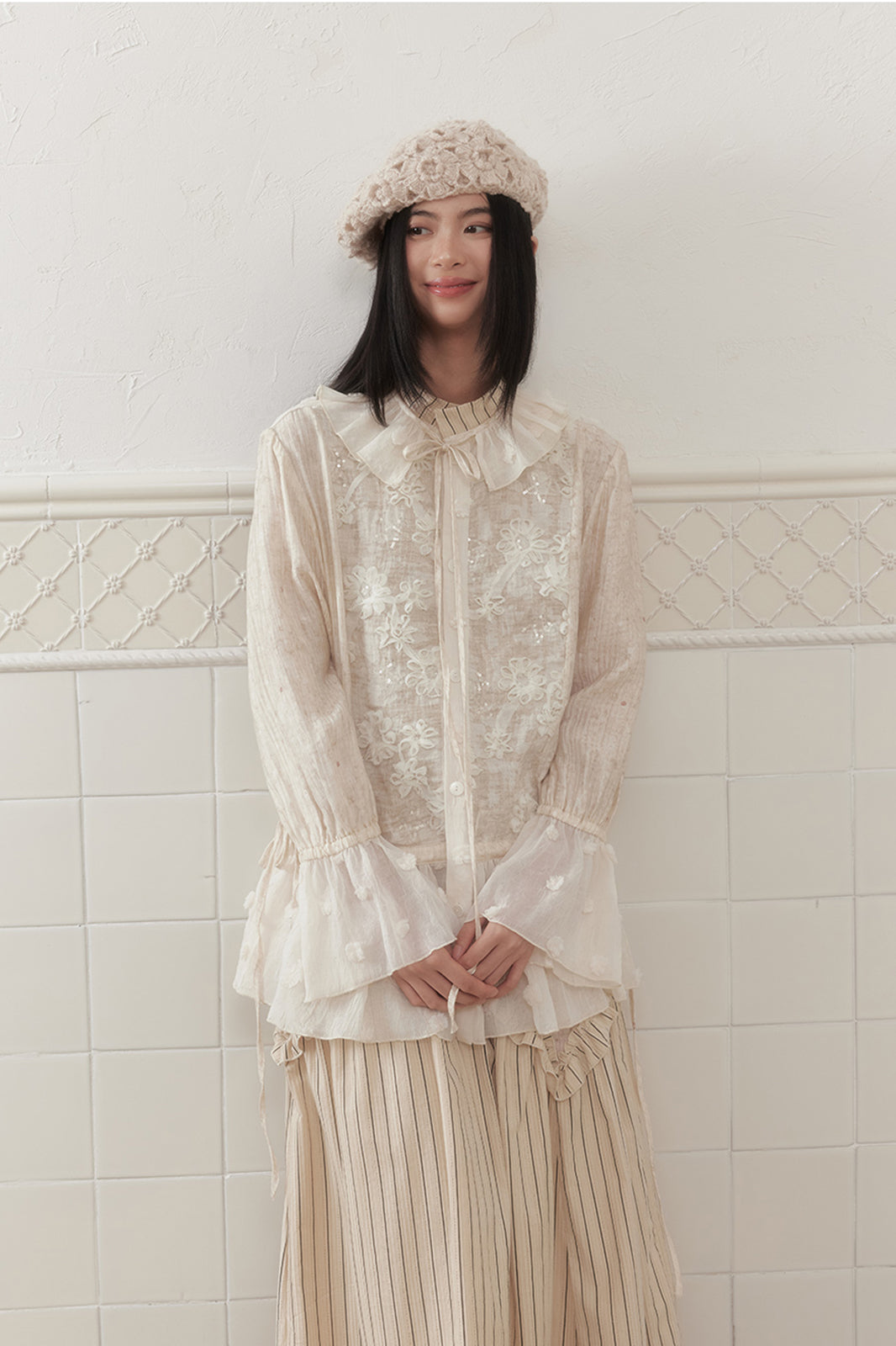 SENSELF Lace-Spliced Polka Dot Sequin Flared Shirt