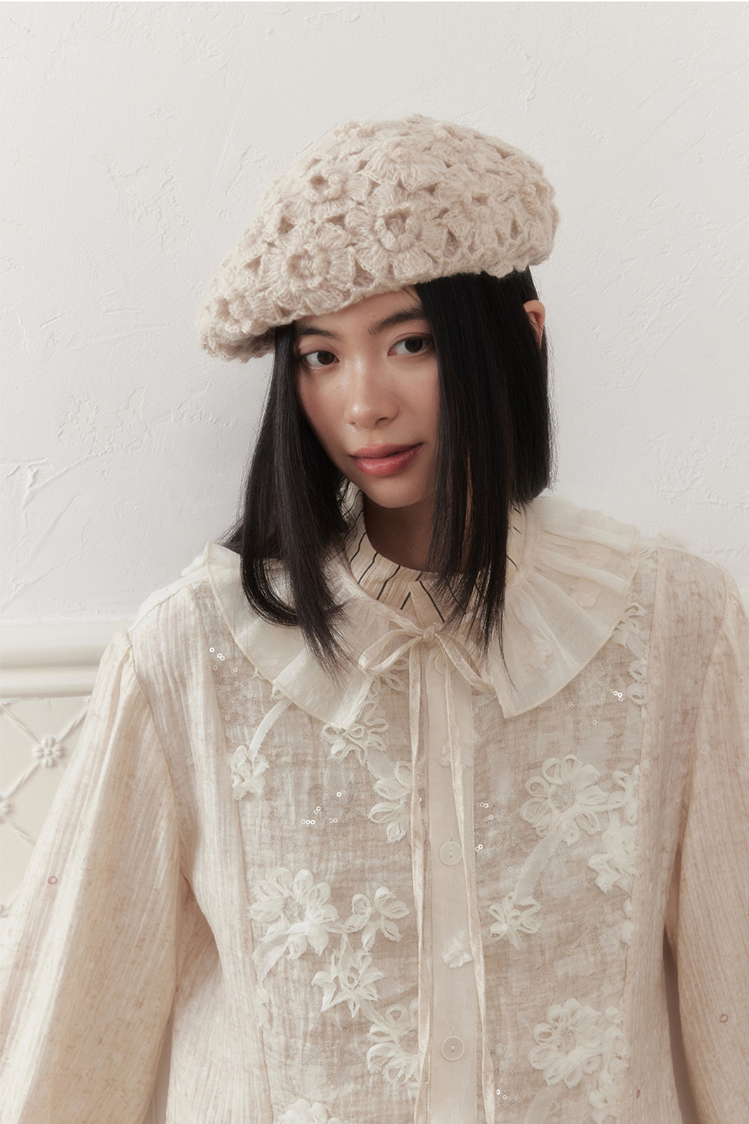 SENSELF Lace-Spliced Polka Dot Sequin Flared Shirt