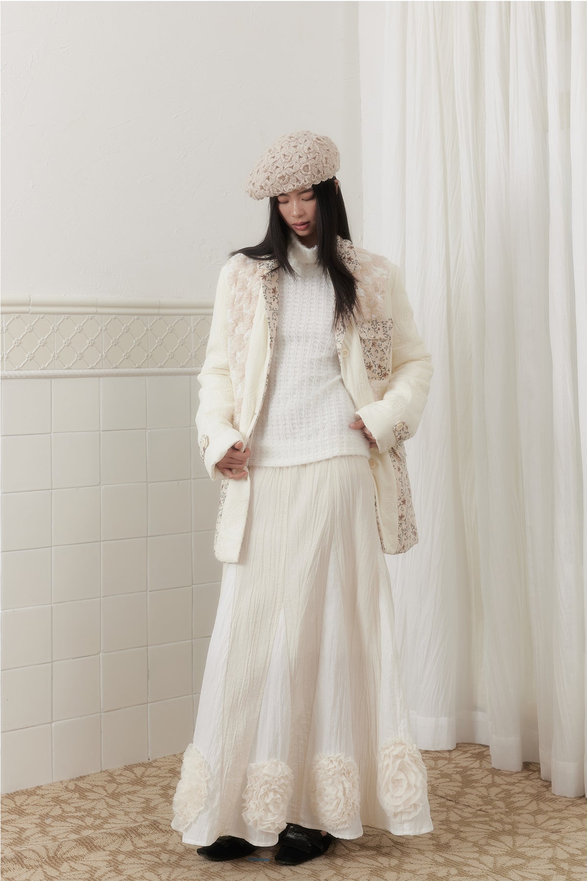 SENSELF Paneled Crinkled Rosette Maxi Skirt Beige