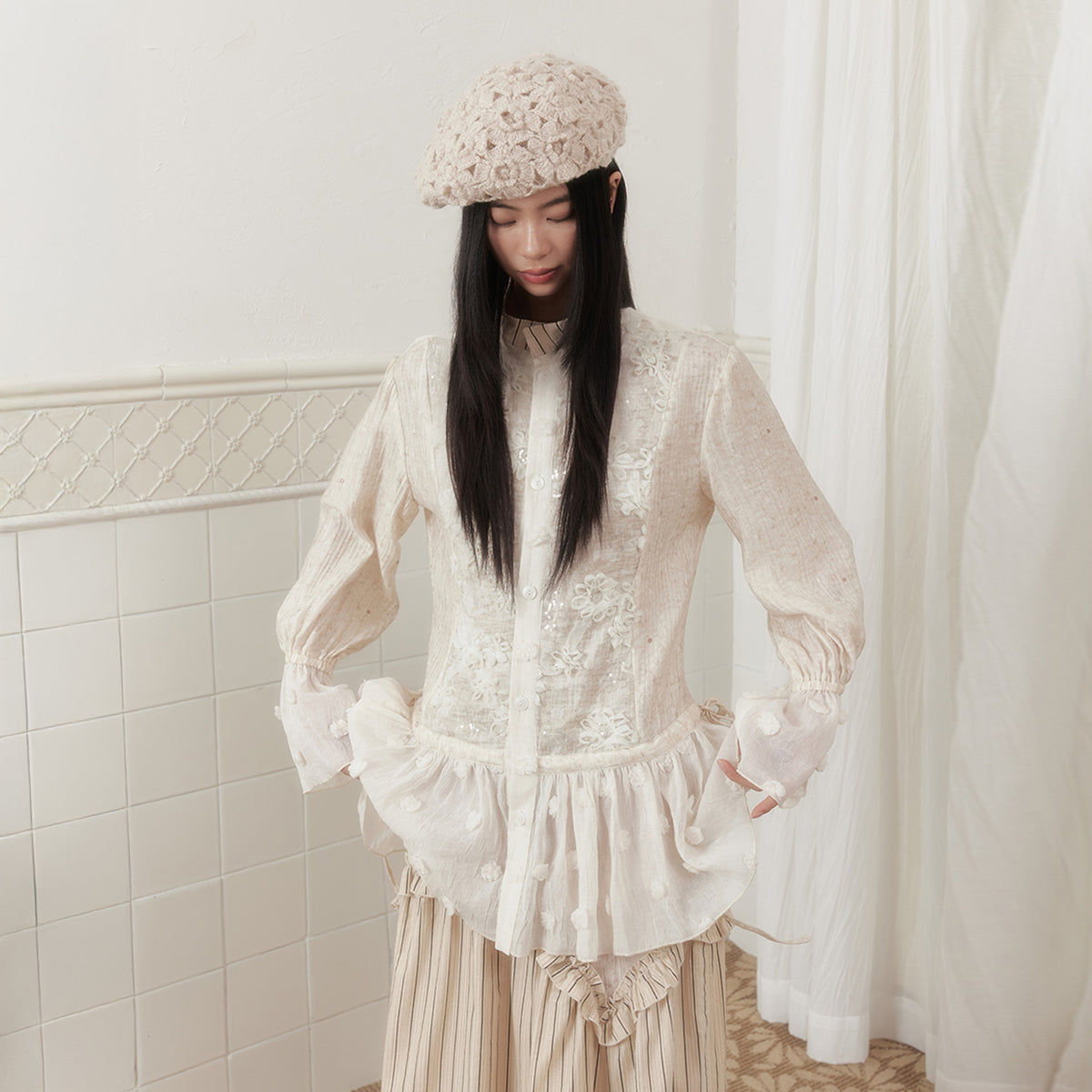 SENSELF Lace-Spliced Polka Dot Sequin Flared Shirt