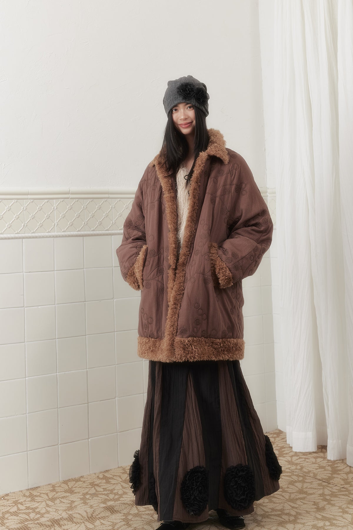 SENSELF Paneled Crinkled Rosette Maxi Skirt Brown