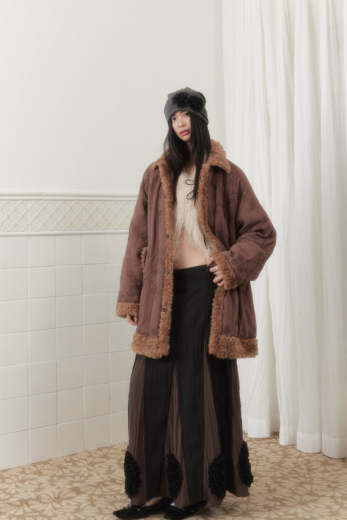 SENSELF Paneled Crinkled Rosette Maxi Skirt Brown