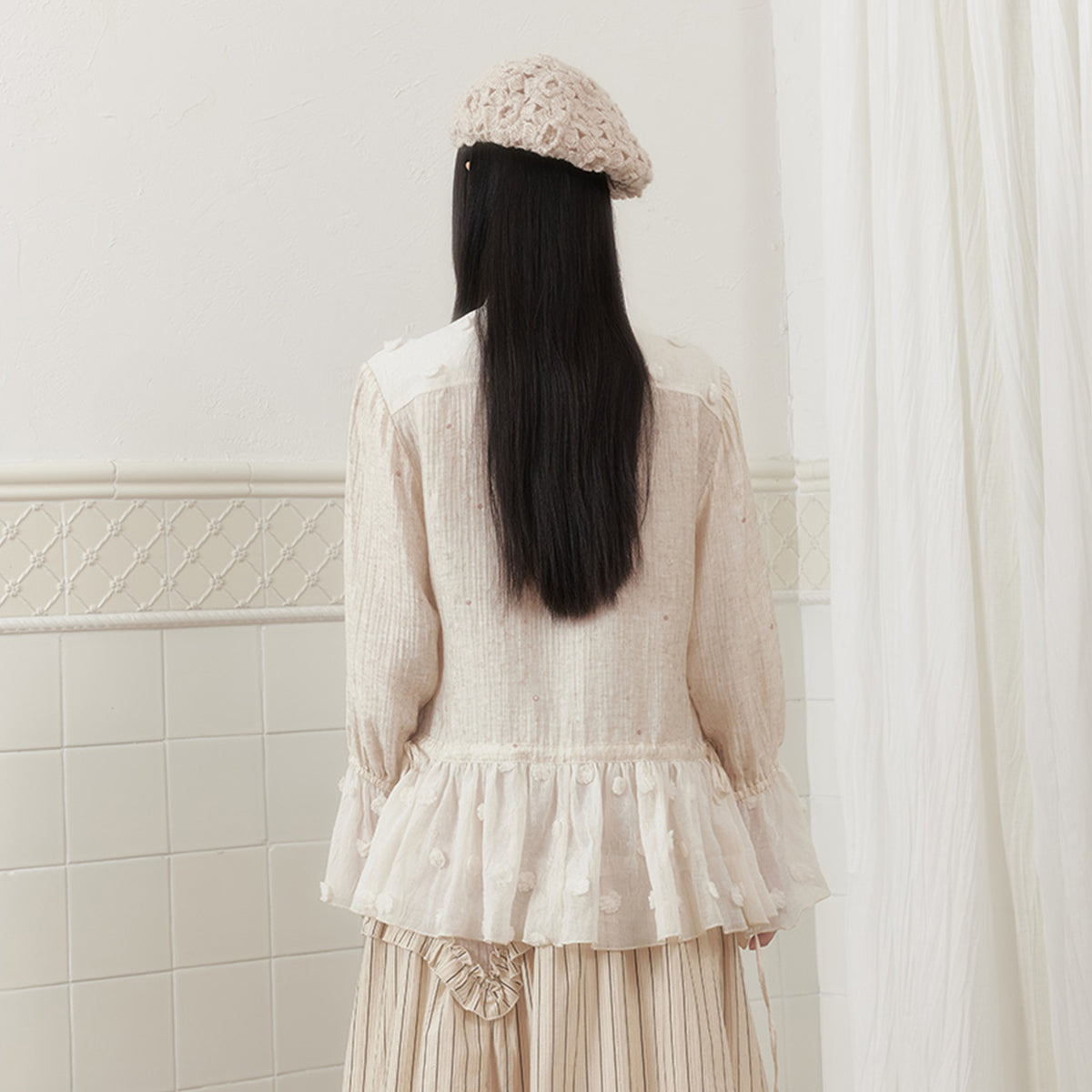 SENSELF Lace-Spliced Polka Dot Sequin Flared Shirt