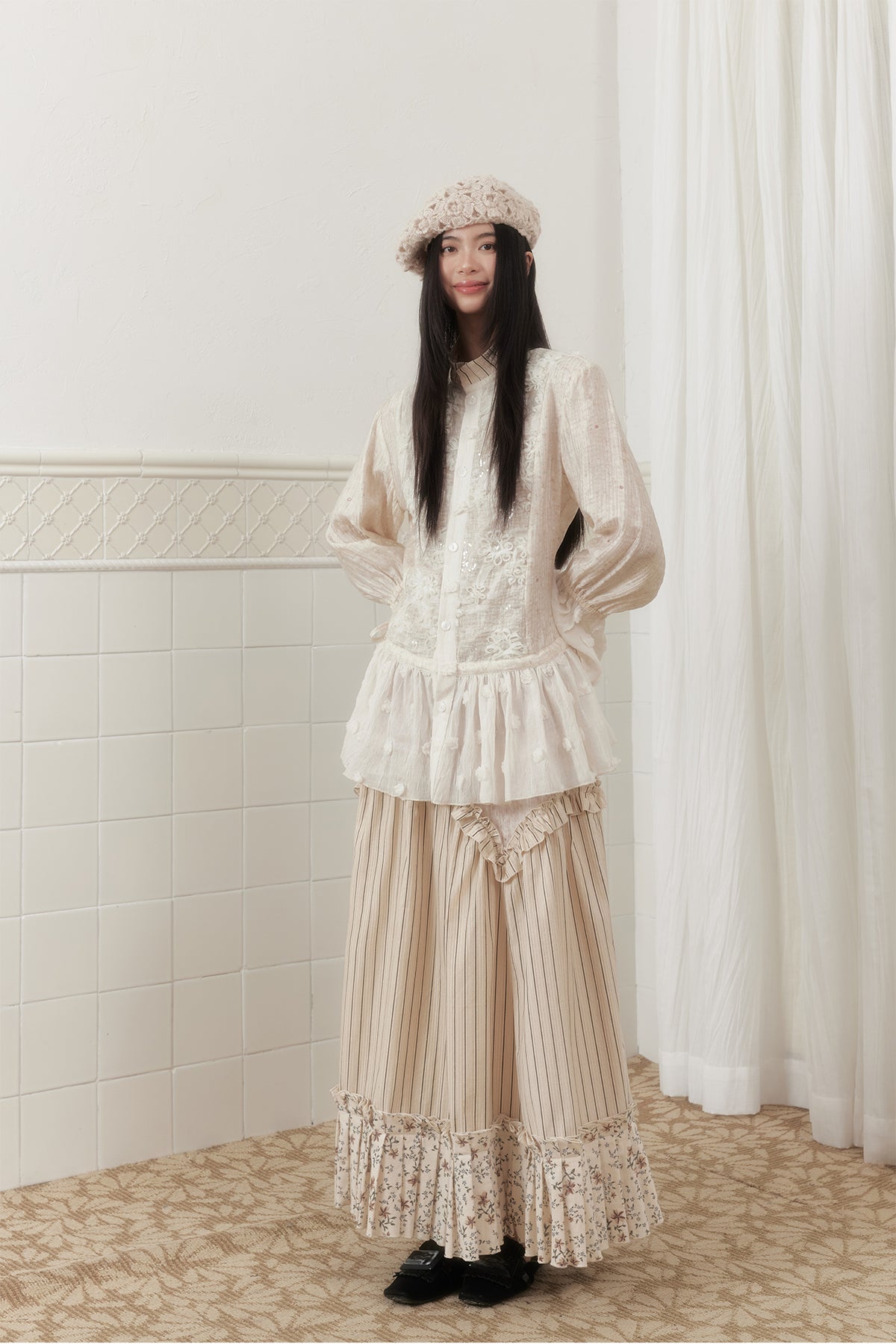 SENSELF Floral Striped Spliced Maxi Skirt