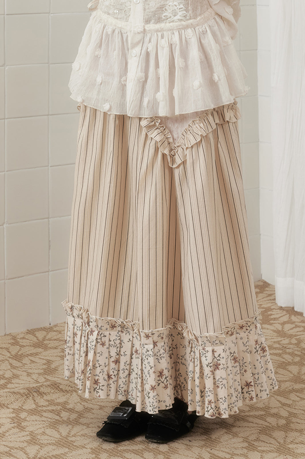 SENSELF Floral Striped Spliced Maxi Skirt