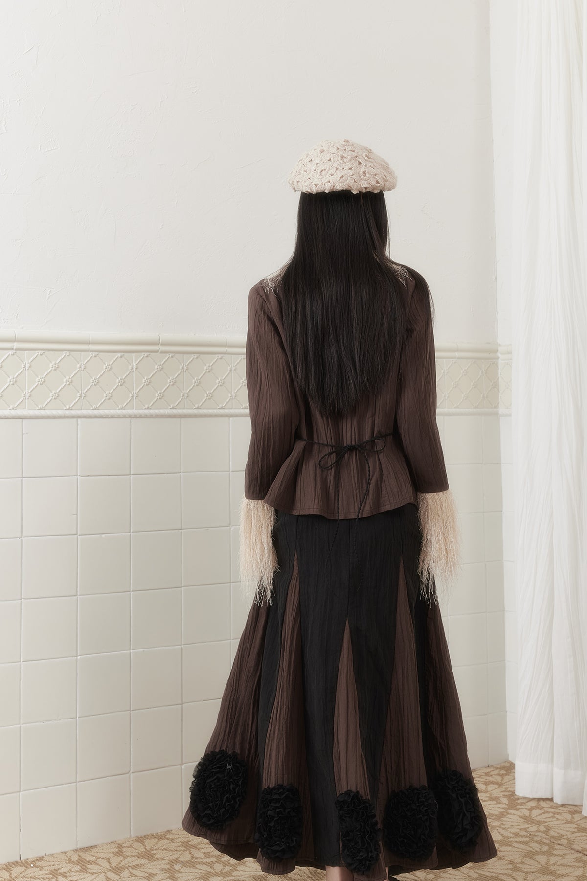 SENSELF Paneled Crinkled Rosette Maxi Skirt Brown