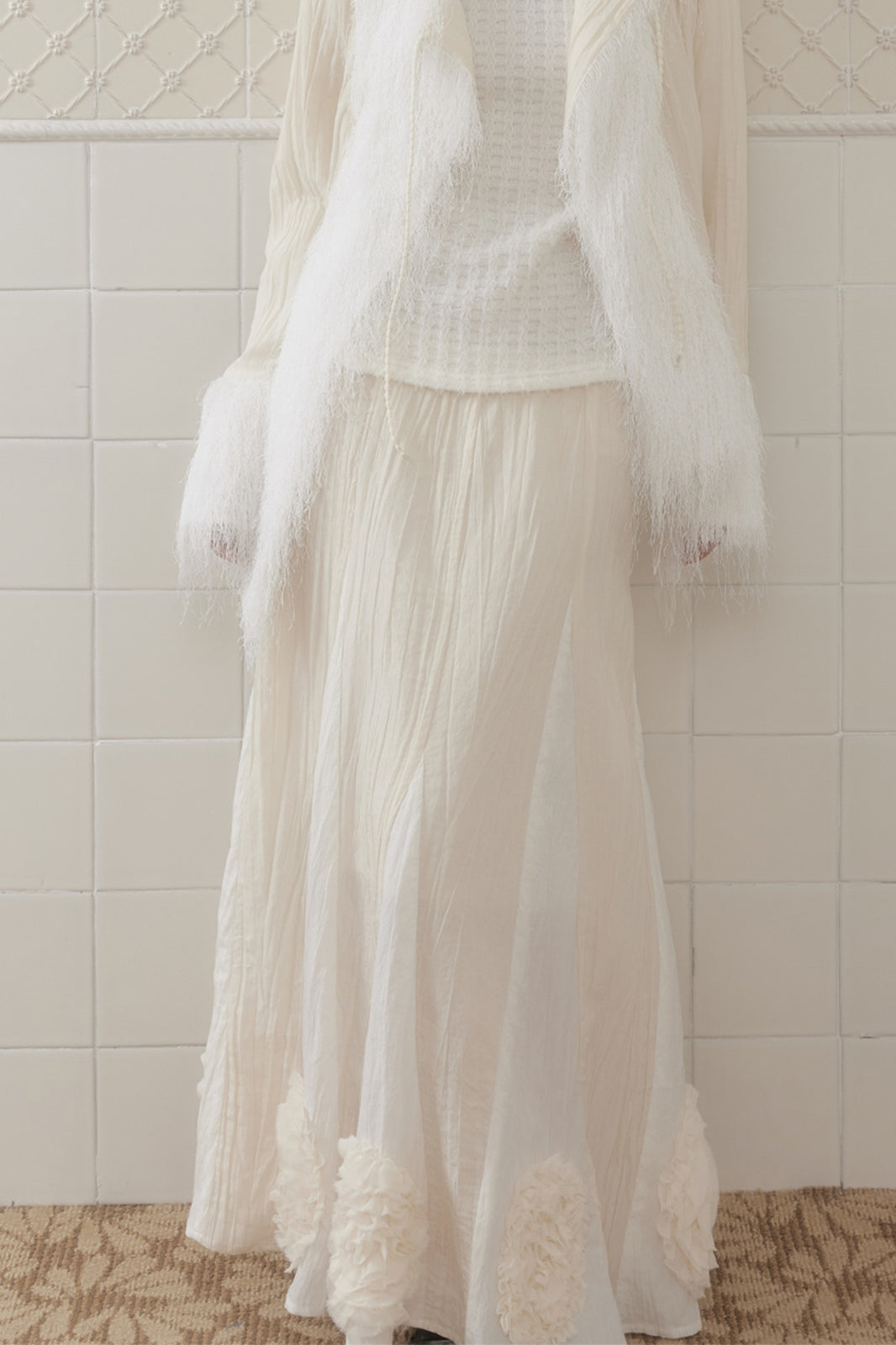 SENSELF Paneled Crinkled Rosette Maxi Skirt Beige