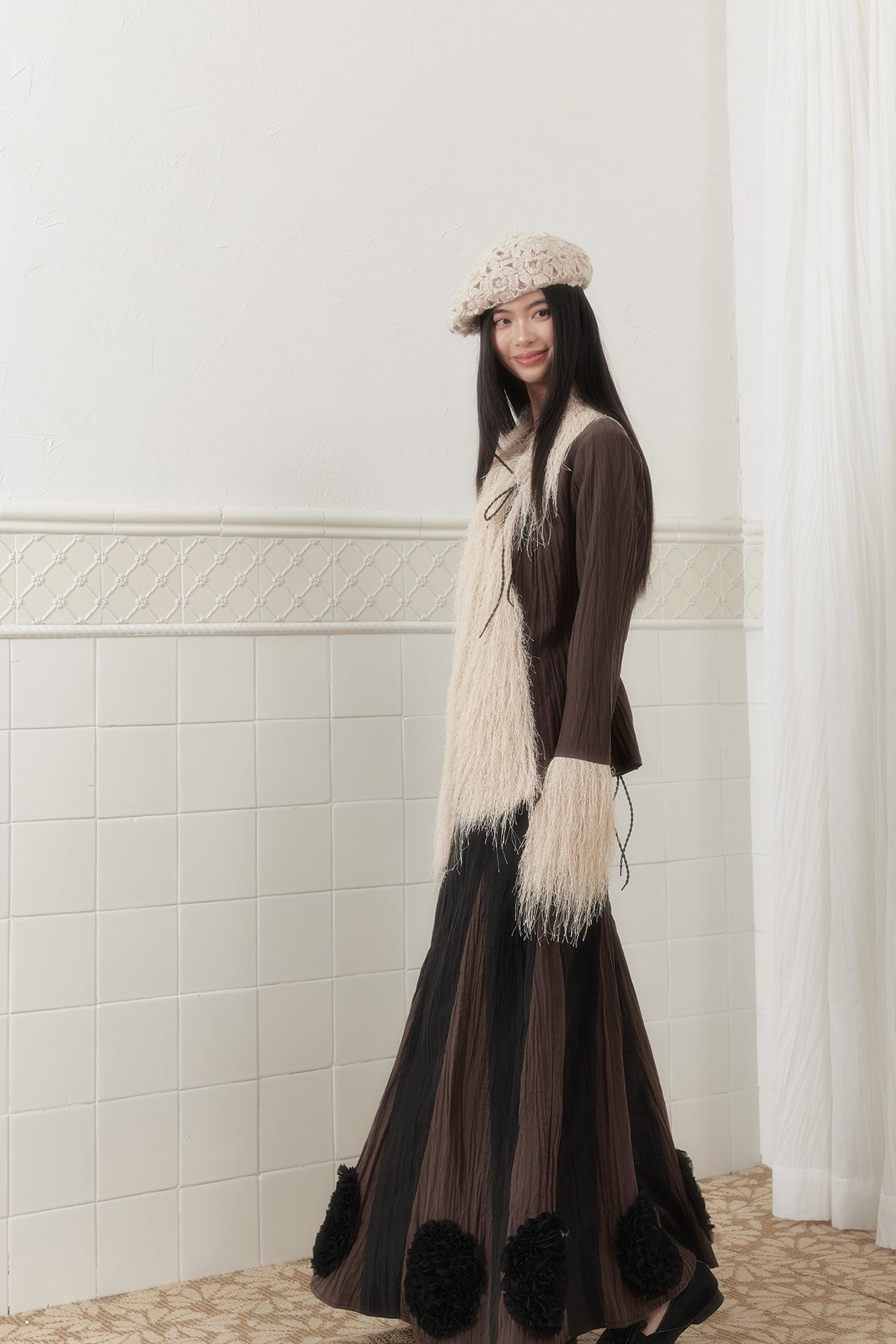 SENSELF Paneled Crinkled Rosette Maxi Skirt Brown