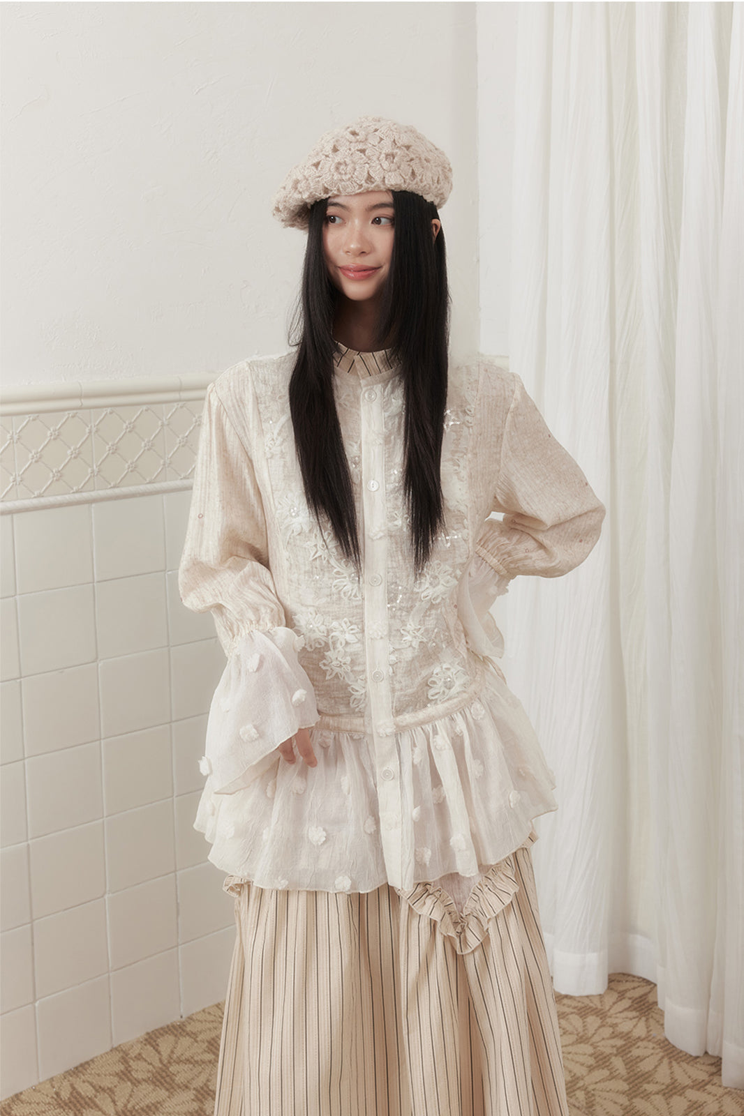 SENSELF Lace-Spliced Polka Dot Sequin Flared Shirt